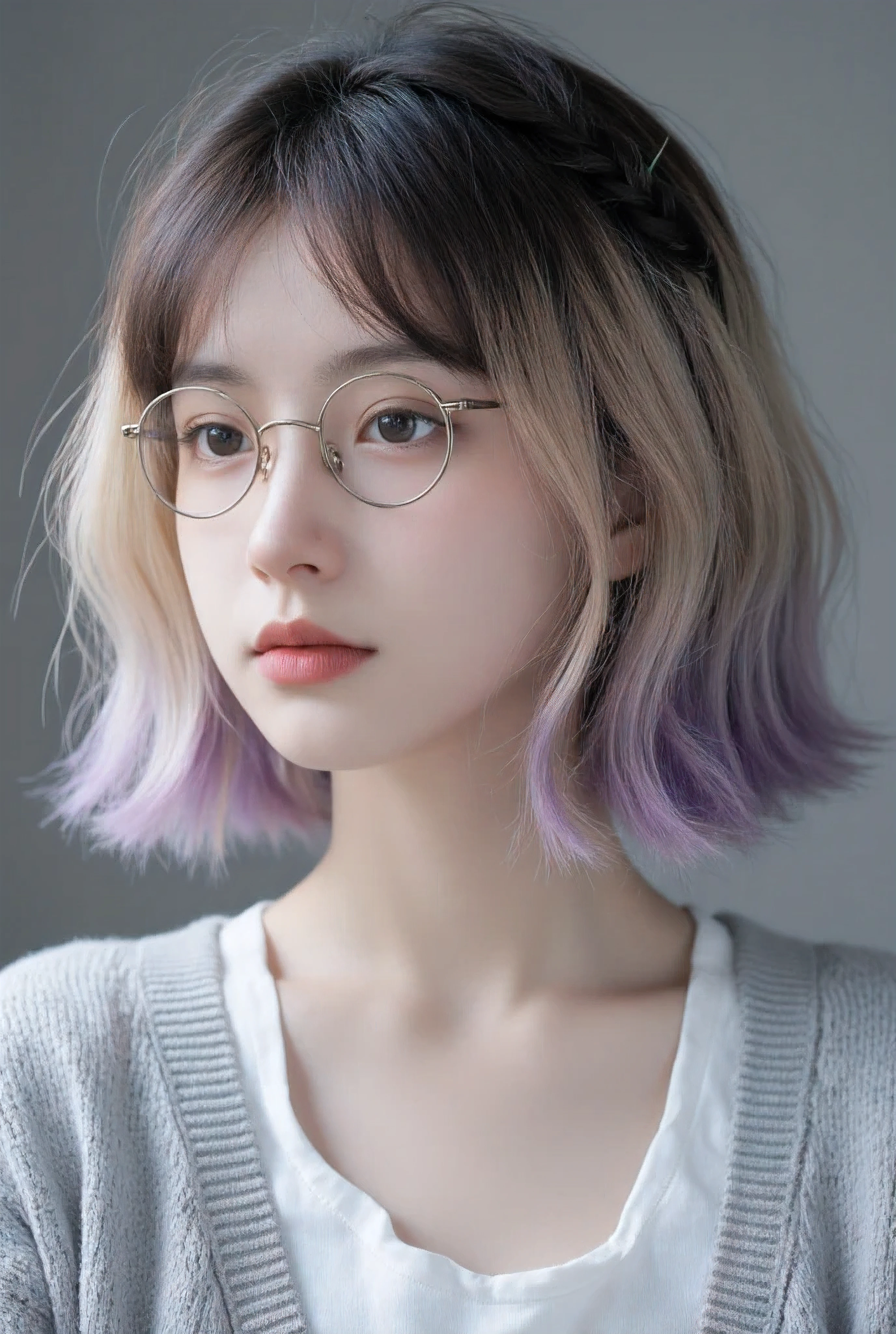 Close-up view of a young girl, -, with a cute yet elegant appearance. She has a slender, youthful face with soft, delicate features, and her expression is calm and thoughtful. Her skin is smooth and radiant, with a subtle glow enhanced by natural light that gently highlights her face. She wears round glasses that add to her bookish charm, with her straight, shoulder-length hair softly framing her face, and a few strands slightly falling to the side. The hair is short, slightly wavy, with the ends gently curling outward. The front features thick, full bangs that cover her forehead, styled in a straight line, just above her eyebrows. On top of her head, there's a braided crown that circles around, adding an elegant touch to her look. The hair color is a blend of light blonde, dark brown, and subtle purple highlights at the tips. The top of her outfit is a soft, light gray cardigan layered over a simple white blouse, with the cardigan's texture clearly visible. The background is blurred into a soft, neutral gradient, allowing the focus to stay on her clear, lifelike expression and detailed features. The natural light casts soft shadows on her face, giving the image depth and realism, capturing her youthful innocence and elegance in exquisite detail.