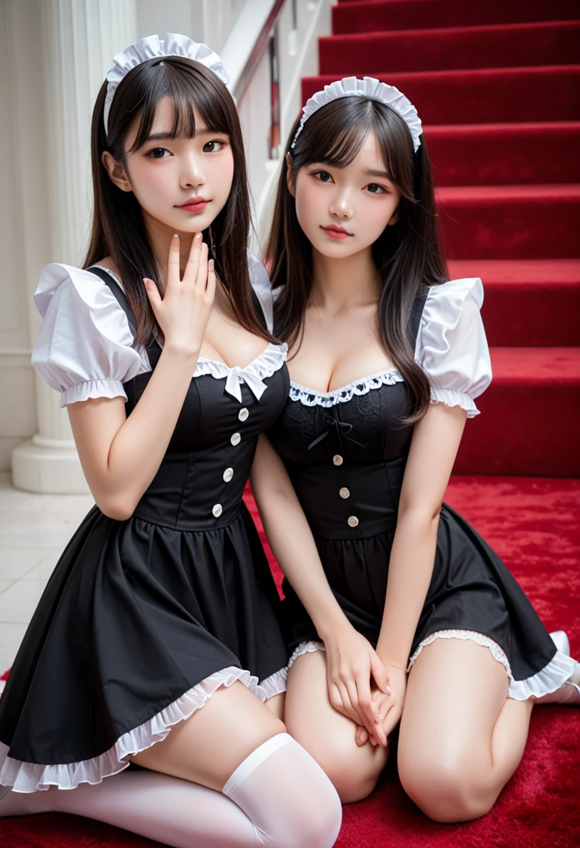 masterpiece, highest quality, 2 women,bedroom,Gothic ta,Black Knee High,Apron dress,Lots of white frills,Too much exposed skin,mini skirt,Shoulder Bare,lie down,Embrace each other,first round