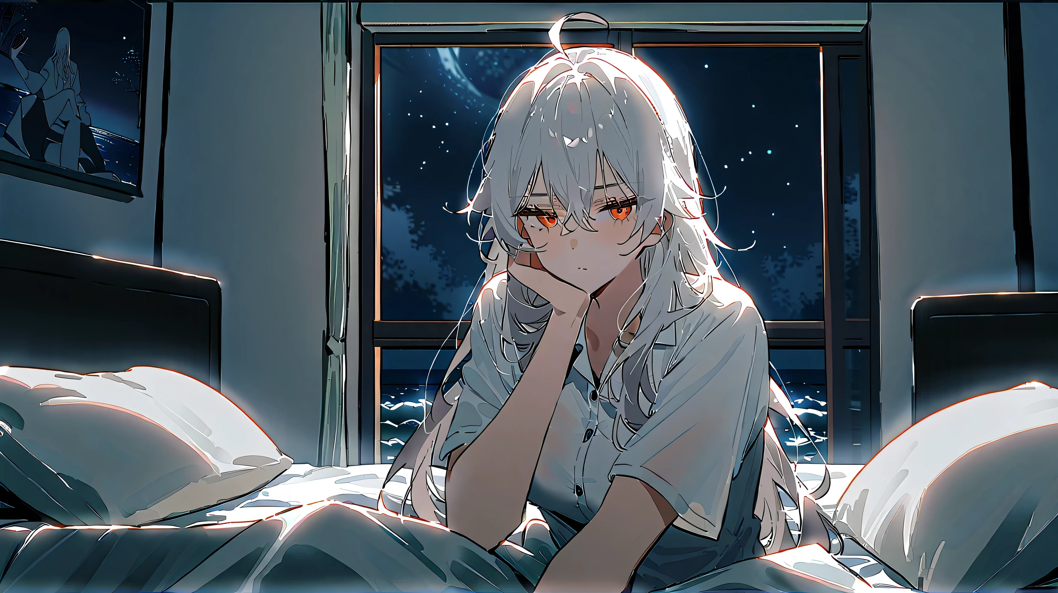 score_9, score_8_up, score_7_up, source_anime, sitting on bed, white button shirt, kantai collection gangut, gangut, ahoge, 1girl, very long silver hair, messy hair, thick hair, orange red-ish eyes, dark room, high res, ultrasharp, masterpiece, (horizontal line of scar under left eye), no light enviroment, no light on character, dark blue-ish enviroment, dark blue-ish room, dark blue-ish ambiance, ahoge, big arms, strong arms, very dark room, no lighting, no pants, perfect eyes, solo, hand leaning on cheek, staring out the window (big window with clear view of the moonlit sea in the center:1.2)