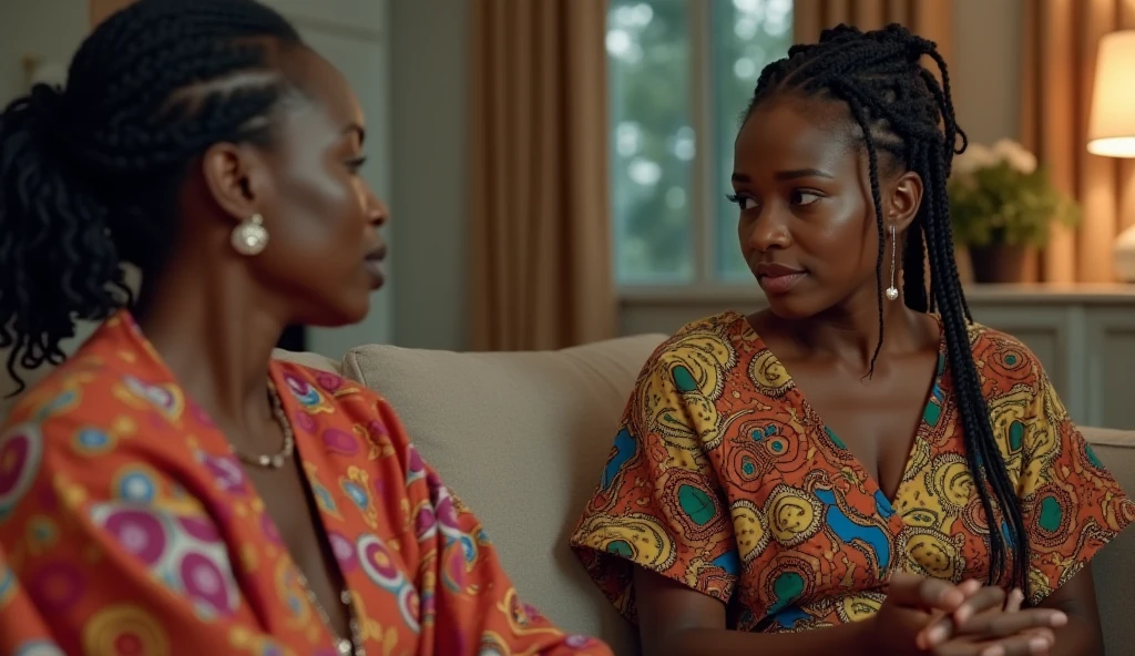An African mother-in-law in traditional attire glaring angrily at a younger woman in modern city clothing inside a stylish, contemporary apartment.