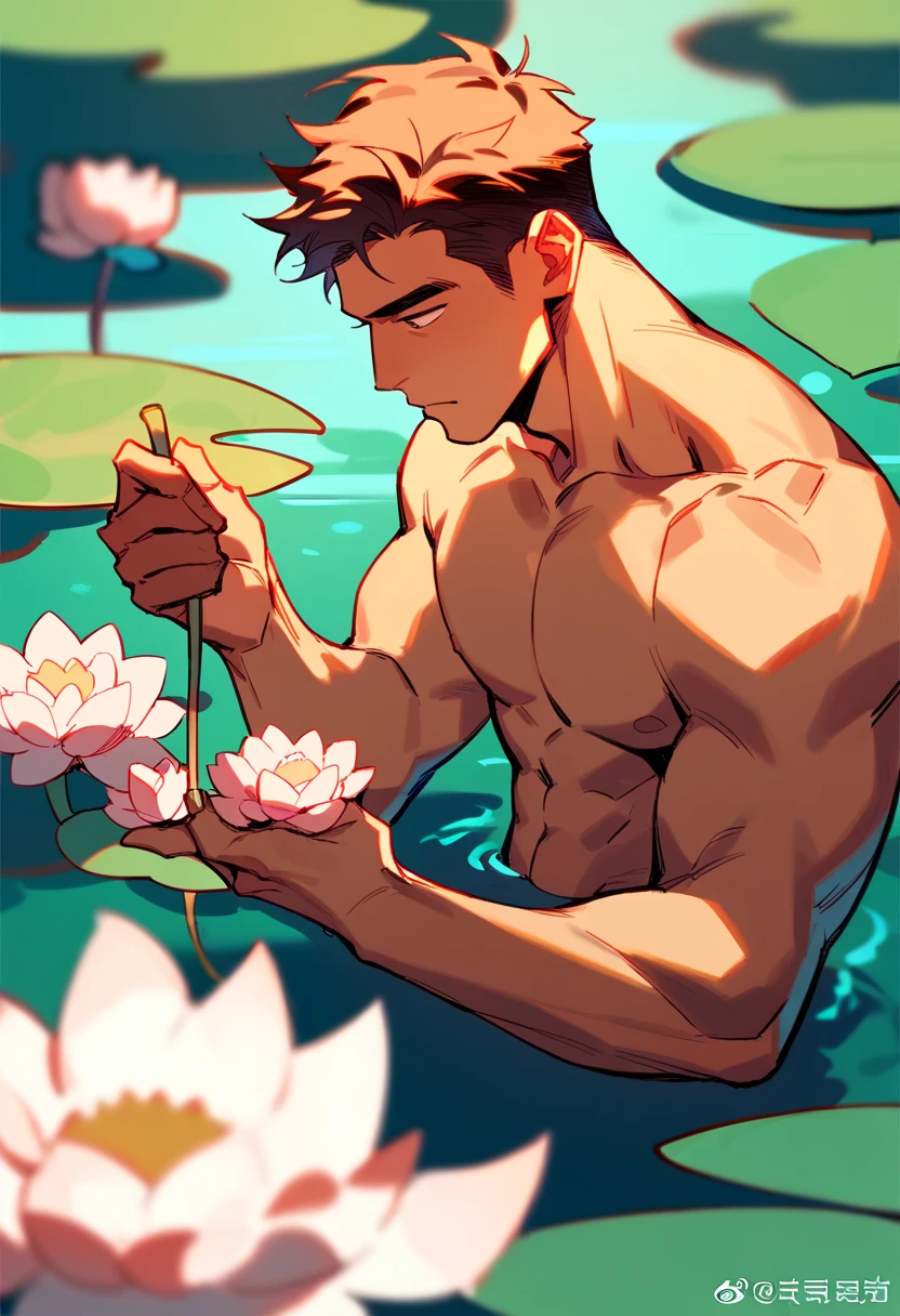 best quality, masterpiece, extremely detailed, sexy, homoerotic, extremely handsome asian man, muscular bodybuilder, middle parting dark hair, grabs his cock and balls, in lush garden, different colorful flowers, extremely romantic atmosphere, ambient lighting, dramatic shadows, perfect face, perfect hand, perfection