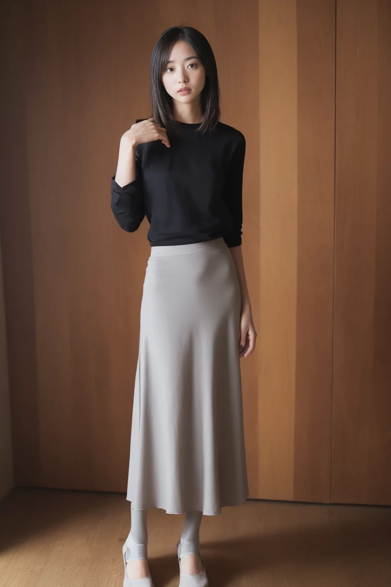 (Full body photo:1.4)、 ((View your viewers)), See-through blouse and long skirt　BREAK　Purple underwear is visible、50 year old mature woman、Japan mothers、Black Hair、Straight long hair、Beauty、High heels、