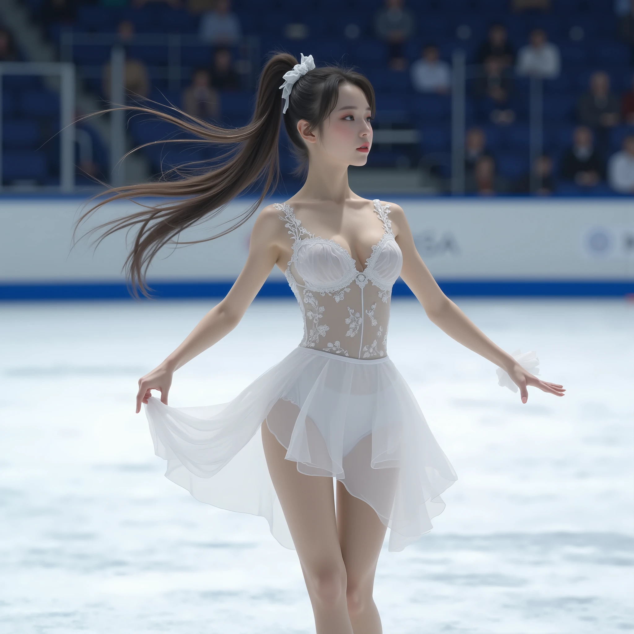 white dress,(realistic:1.3), finely detailed, quality,  (masterpiece:1.2), (photorealistic:1.2), (best quality), (detailed skin:1.3), (intricate details), dramatic, ray tracing, 1girl, detailed skin texture, (blush:0.5), (goosebumps:0.5), subsurface scattering, smiling, medium breasts, high ponytail hair, bangs, hair between eyes, white bling decorate lace dress, ice skates, upper body, raise arm, (raise leg:1.1), (figure skating:1.1), dancing on grand ice skating exhibition, wind, countless crowd, (night), from side,see-through,
 <lora:girllikefigureskating:0.65>