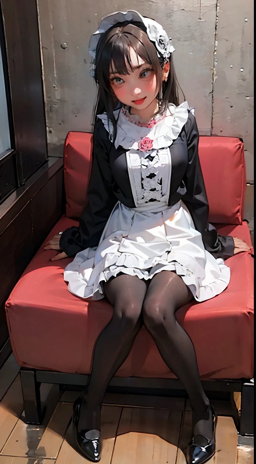 woman sitting on a couch with a cat on her lap, gorgeous maid, cosplay of a catboy! maid! dress, maid outfit, wearing maid uniform, maid, anime girl in a maid costume, french maid, maid dress, anime cat girl in a maid costume, japanese maid cafe, maid costume, full length and white stockings