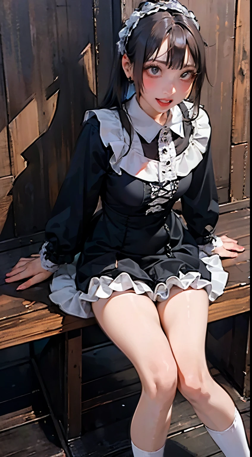 ((masterpiece)), ((highest quality、Ultra high definition)), (Very detailed),8K、Photo quality、((Amazingly cute girl)),( 14-year-old girl), Two people, , (Beautiful emerald blue eyes), ((smile)),In the open-air bath overlooking the sea, Beautifully arranged black hair in twin tails、whole body、((Super high-end white see-through summer gothic lolita maid costume、A super mini skirt with lots of frills))、Professional Lighting、(White lace knee-highore detailed and beautiful)、(More details and cutenesore realistic)、(((Just wear light clothing)))、