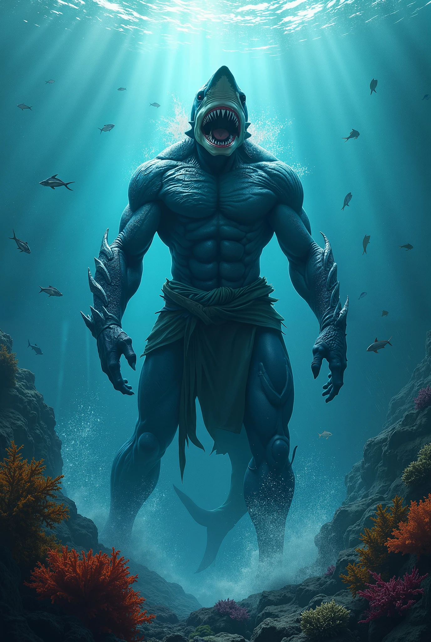 AquamanShark: Merges Aquaman’s aquatic abilities and command over sea creatures with the speed, strength, and predatory traits of a shark, enhancing underwater combat and navigation. Ultra HD high resolution 4K 