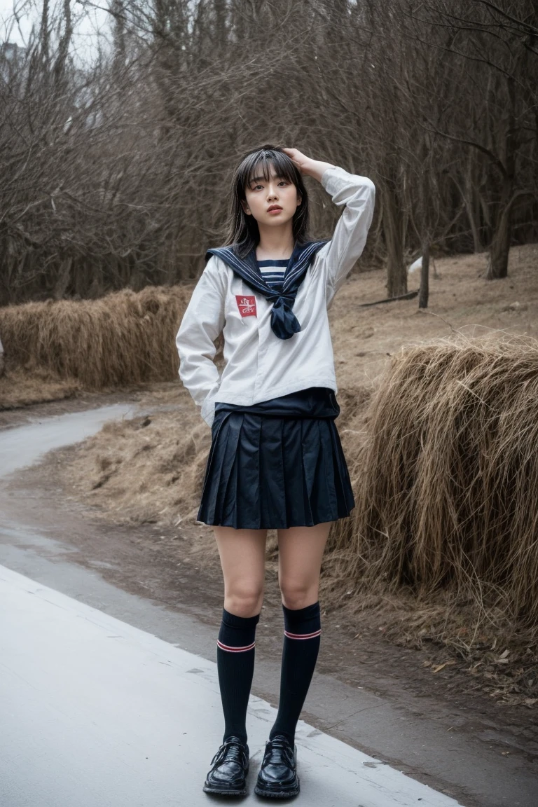 A 16-year-old Japanese high school student wearing a uniform sitting in a snowy cave in a snowy country, night, soft light source, candle, black short hair, hairpin, pleated skirt, detailed panties, Japanese sailor uniform