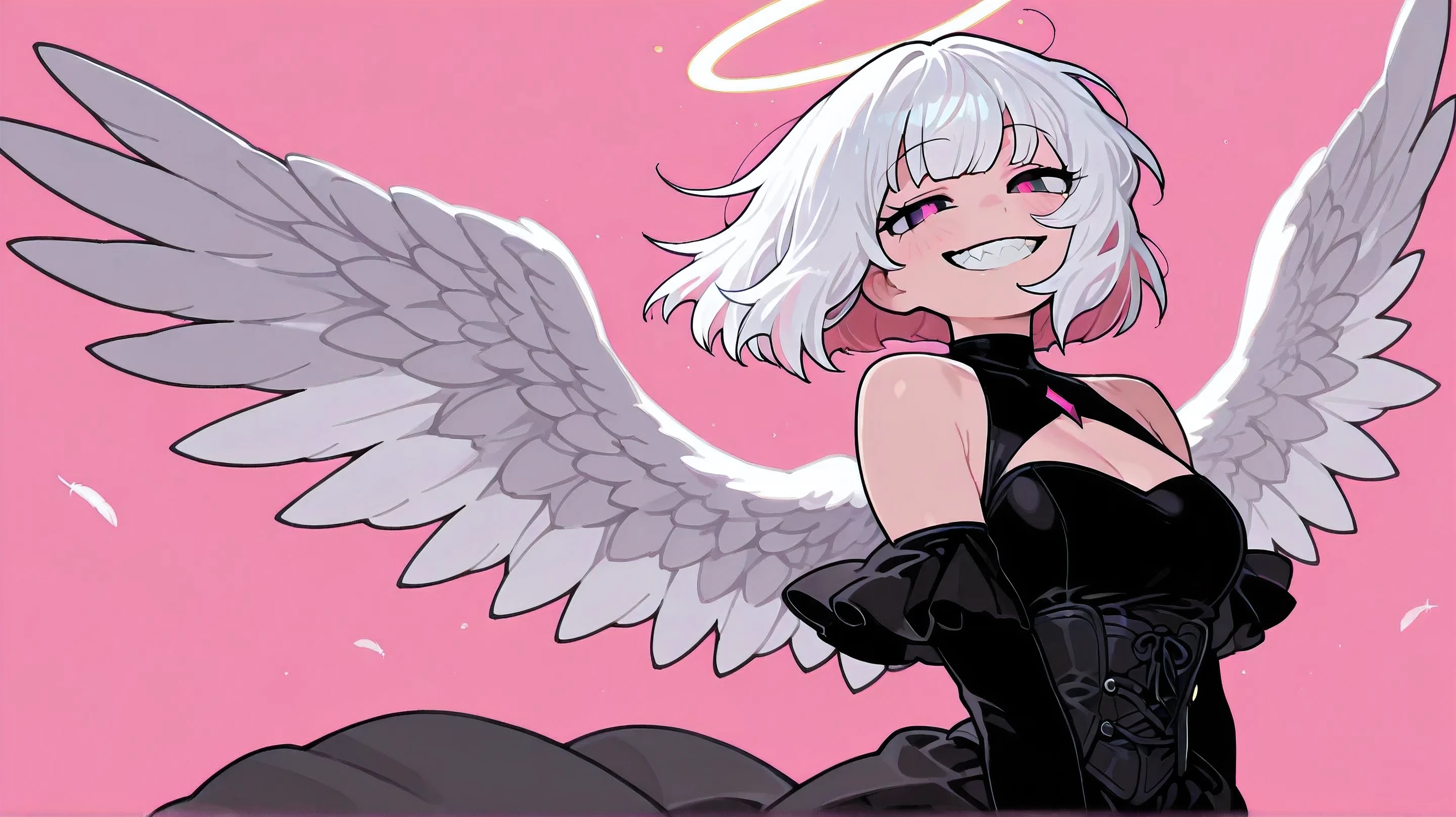 masterpiece,  best quality,   great quality, up to date, pink background floating on dahlias  ,  on de, watching viewers、 pretty girl、White Hair、 Little Angel Wings 、Clothes with black shoulders、 grin 、 bob hair