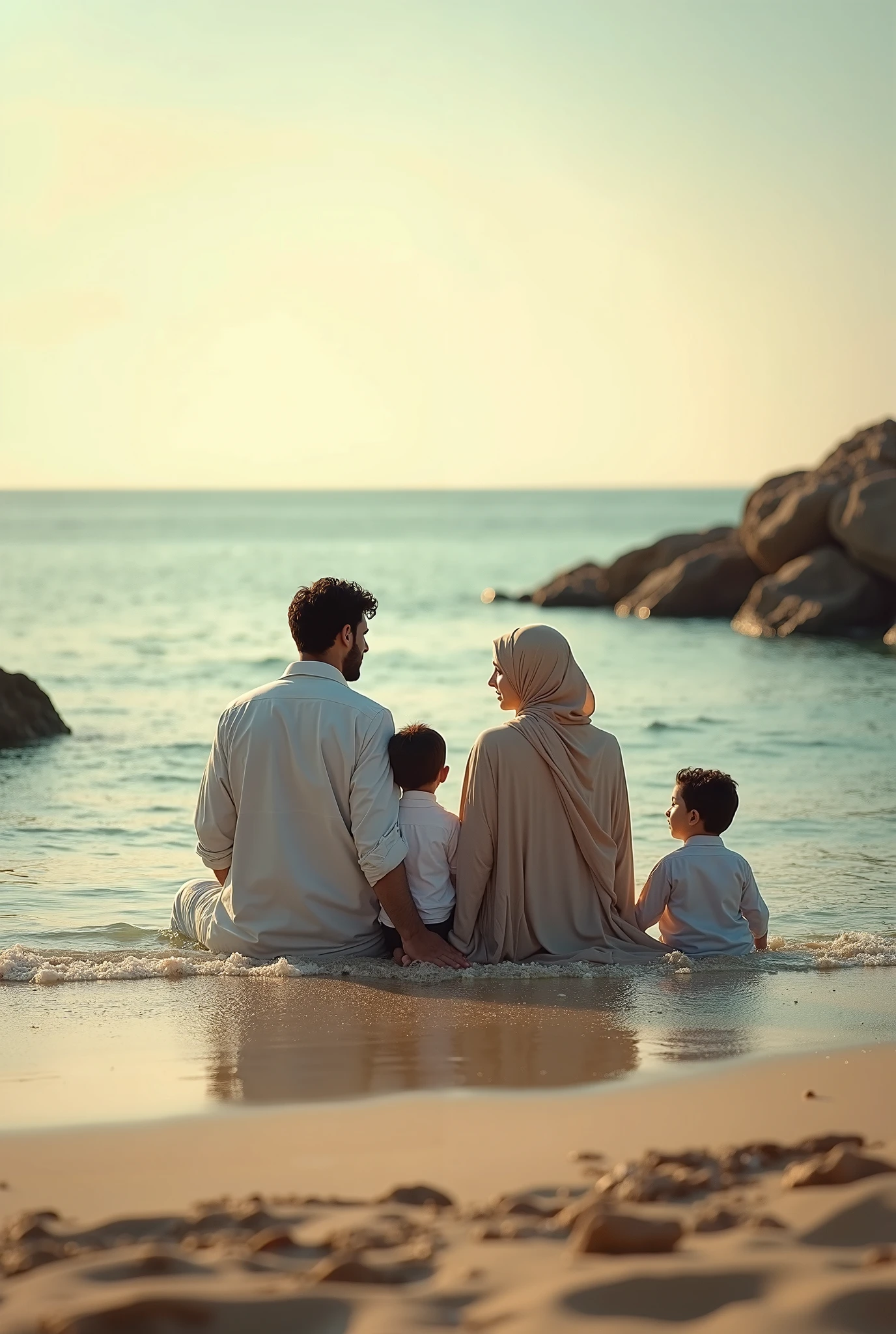 4k realistic photography, four people consisting of, husband and wife aged 48 years, husband wearing glasses, short black hair, smooth face, wife wearing Muslim clothing, hijab, first , 22 year old girl without wearing hijab, wearing Muslim clothing, slightly fat, hair reaching shoulder length, second child , short hair parted at the side, they stood looking full body on the beach