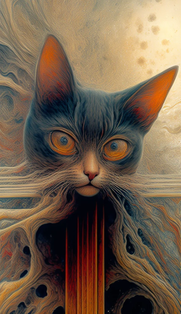 This is a striking artistic representation of a cat, featuring bold colors and expressive details. The cat has distinctive markings with a combination of black, white, and a hint of red, while its large yellow eyes draw attention. The style appears to be abstract and textured, likely created using paint or mixed media on a surface that mimics wood. It's an eye-catching piece that conveys a sense of personality and depth.