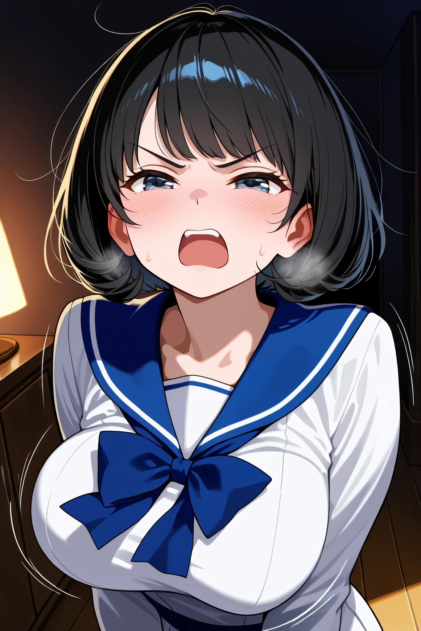 {best quality}. {very aesthetic}. {ultra-detailed}, {best illustration}, nsfw、((half open eyes))、big dick、blush,angry、serafuku, pleated skirt, sailor collar, white shirt、hand job、((女性がBig penisを握る))、Big penis、Small breasts、Confused eyes、angry、angryった顔、Glare、Baby Face、Semen、shame、White skin、Focus on the face、Black Hair、blue eyes、short hair、Fisheye Lens