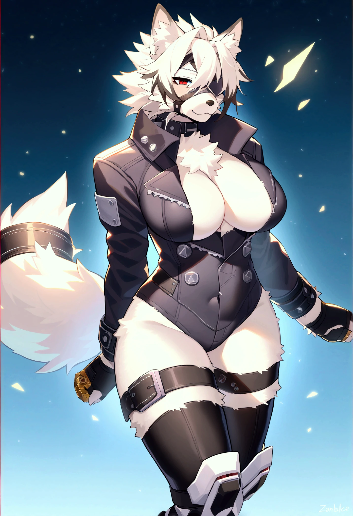 Single girl, Anime tomboy, Short, Long white hair, wolf ears, wolf tail, blue eyes, thigh high fishnets, black combat boots, wearing fur lined open jacket, nude, solo tomboy, only one female ((big breasts)) solo, alone, (SOLO)(ALONE) thicc thighs, wide hips, blue eyes, perfect eyes, perfect face, pouty lips, happy, (nipples), (pussy), ((nude)), ((thick and (snow white) pubic hair)), (naked body), ((pussy juice)), visibe ((cum in pussy)), perfect detailed face,