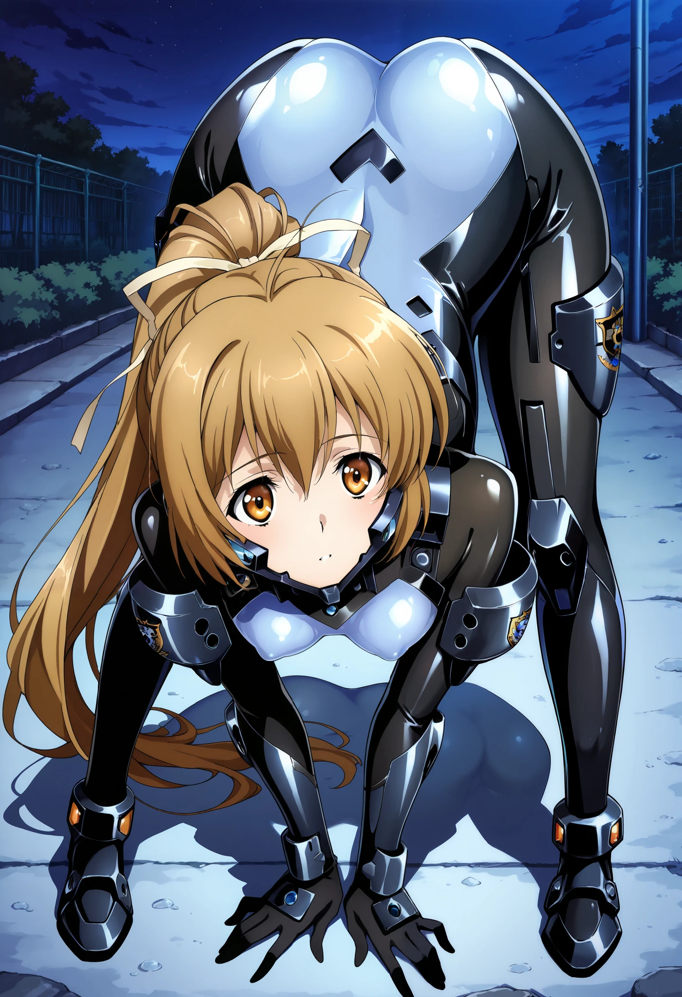 absurd, (absurd_resolution), masterpiece, best quality, (best illustration), (best shadow), ultra-High resolution, score_9, score_8_up, score_7_up, BREAK source_anime, 1girl, solo, perfect body, shiny skin, perfect eyes, detail1eye, anime style, outdoor, night, Katia, perky breasts, Fortified suit, small breasts, ass, heavenly ass, bend over,