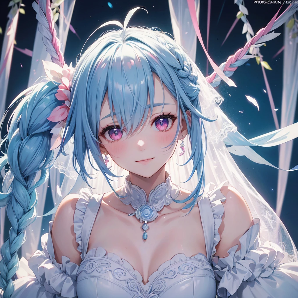  Sky Blue Hair , ( Braided Ponytail),( pink eye), white skin ,( full body), 1 girl,smile, straight bang, June Bride,Bridal Attire,(masterpiece,  best quality,  more details,  Leucochloridium Antenna ), (  detailed background ), ( beautiful detailed faces from faces and clothes),  high contrast, (  best illumination ,   very delicate and beautiful ), ((  Cinematic Light )),  colorful,  hyper details, Dramatic light,  complicated details,  Wedding Hall,Hawaii Wedding ,