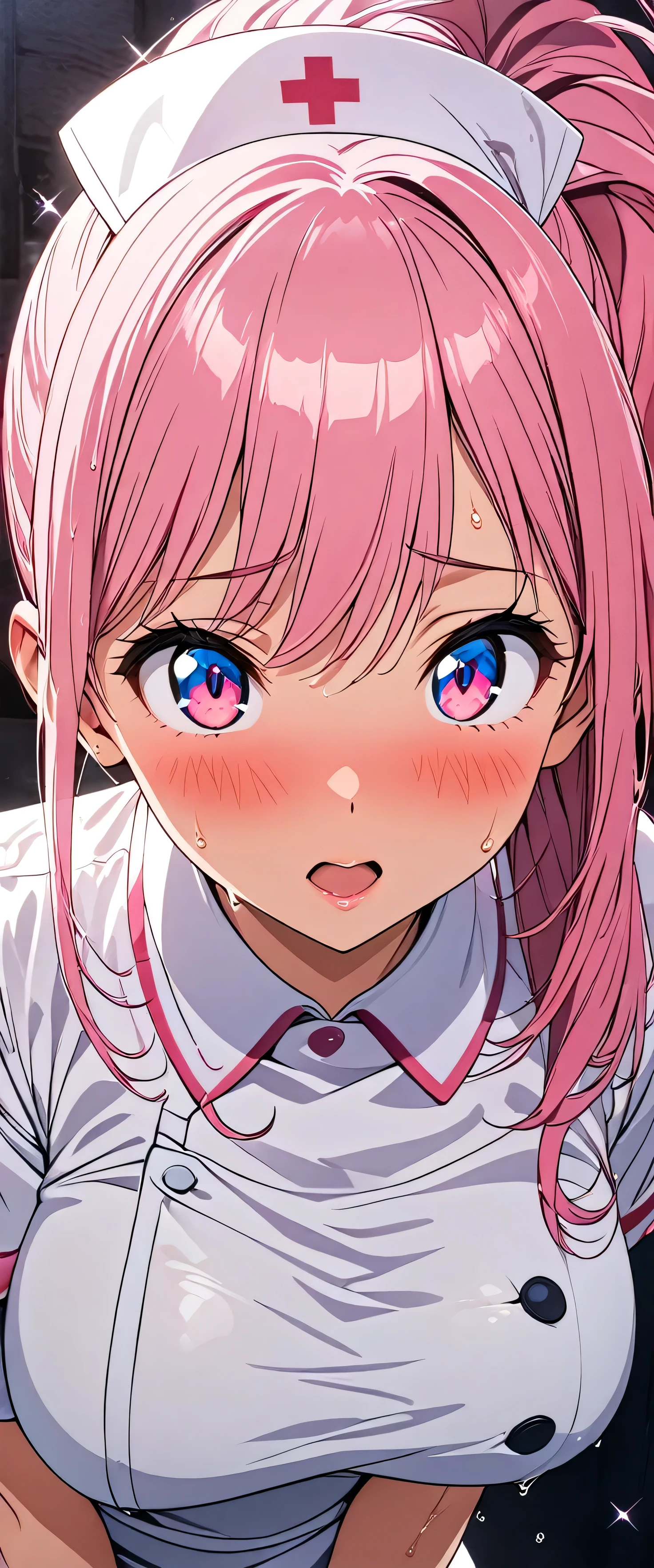 (beautiful girl:1.3),masterpiece,Please redeem,Ultra-high resolution,rich contrast,Very high quality,8k,Highly detailed CG unit wallpaper,Texture,So ridiculous,RAW Photos,Highest quality anime,anime-style illustration,studio anime style,professional photograph,an extremely delicate and beautiful,Depth of written boundary 1.2,ultra-detailed eyes,Glowing Skin,Glitter Effect,Beautiful glossy lips,Big eyes,Round eyes,(Bright pink hair,ponytail),nurse uniform,Nurse working at the hospital,white nurse uniform,Large Breasts,(大きくて丸いお尻),, Wet lips, (Sexual Ecstasy Face: 1.3), (Excited: 1.2), (Embarrassing: 1.2), (blush: 1.4), Sweat,profile,extreme close-up