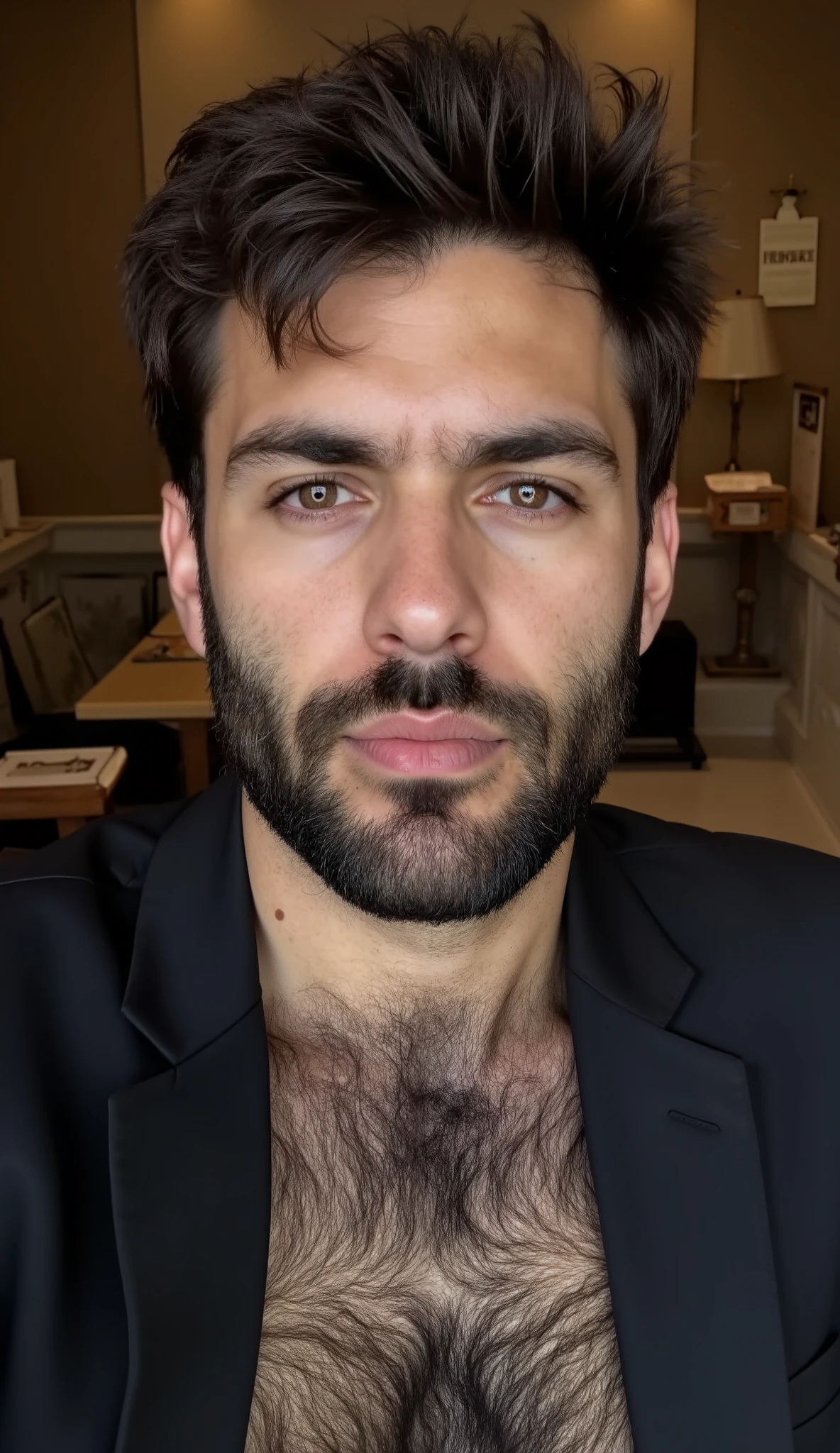 masterpiece, best quality, high resolution, closeup portrait, male focus, solo focus, A man, 35 years old, with priest uniform, priest clothes, priest father, hair, messy hairstyle, cute and seductive face, bare chest, young attractive man, very hairy body, body hair, facial hair, roman nose, scruffy, hairy abs, body, hairy legs, dimples, beard, bold jawline , in the background a church back room, view from below, amazing composition, front view, HDR, ultra quality, elegant, highly detailed, sexual tension, seductive
