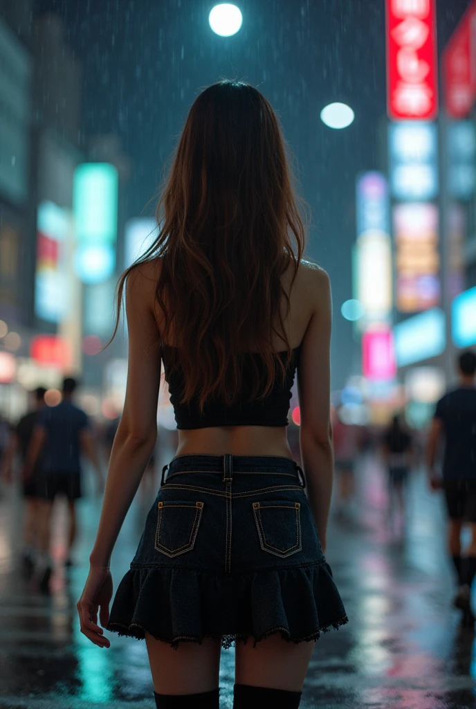 8k Beautiful Asian Woman, big tits, walking on the Tokyo city with a Neon Colors behind 