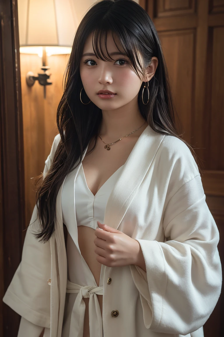 (masutepiece, Best Quality:1.4), Beautiful face, 8K, 85 mm, absurderes, ((Dark bedroom in the hotel))、(Wearing a thick white bathrobe:1.4), ((cowboy shot:1.5))、((Shot from below:1.4))、((udder of medium size:1.4))、violaceaess, gardeniass, Delicate girl, Solo,(((straight and not long hair:1.5)))、((sitting in the couch:1.4))、Night, Looking at Viewer, Upper body, Film grain, chromatic abberation, Sharp Focus, face lights, Professional Lighting, Sophisticated, (he looked at me with a confused expression:1.4), ( Background, Bokeh Background:1.2), Detail Face、((terrified expression:1.4))