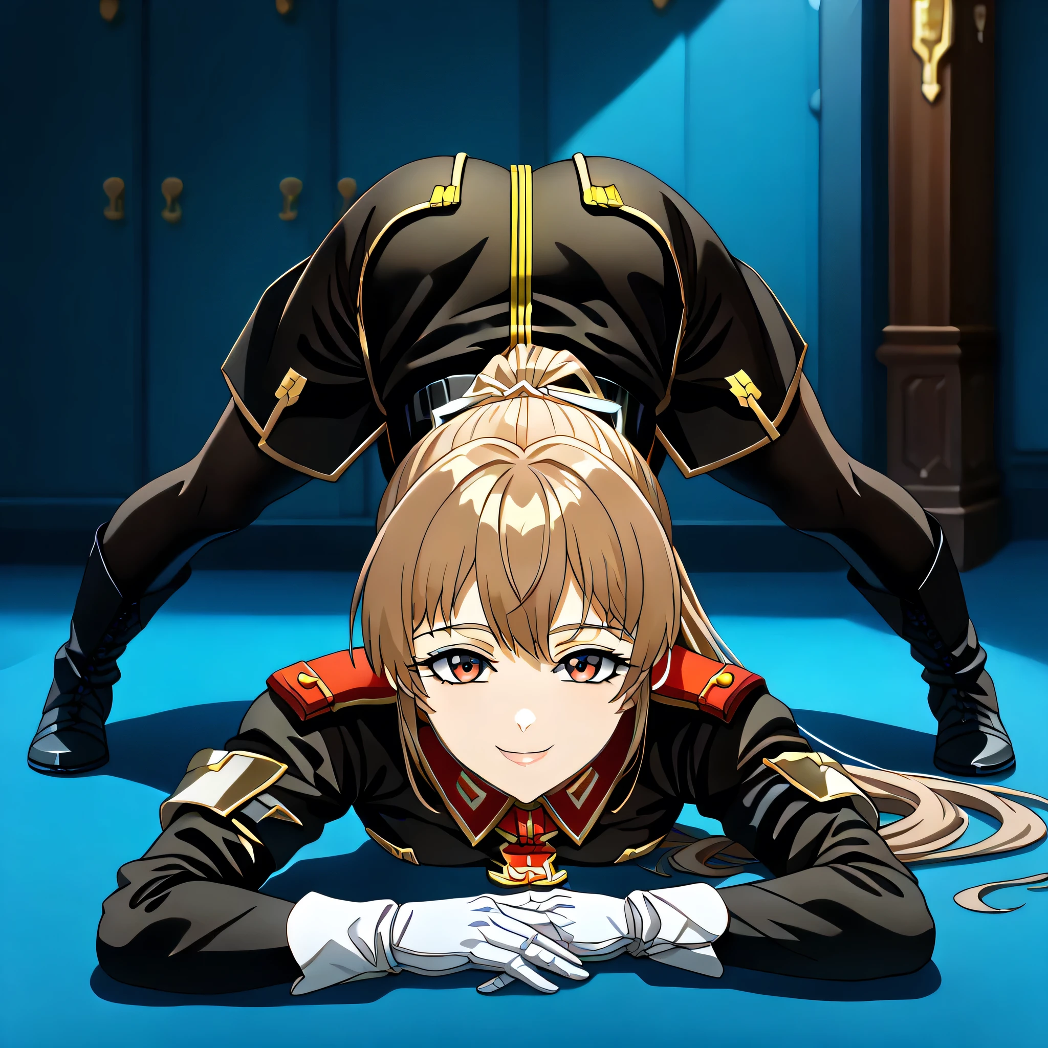 ultra-High resolution, score_9,score_8_up,score_7_up,score_6_up,score_5_up,score_4_up, BREAK, source_anime, anime screencap, uncensored, rating_explicit, Masterpiece, curvy, looking at viewer, (((solo, 1girl))), hair ornament, (((TitanOutfit))), smile, happy, lsmall breast, seductive pose, submissive pose, Katia, light brown hair, brown eyes, ponytail, long hair, (((young girl, cute))), full body, holding Assault rifle, Assault rifle, shooting at viewer, aiming at viewer, (((jack-o' challenge)))