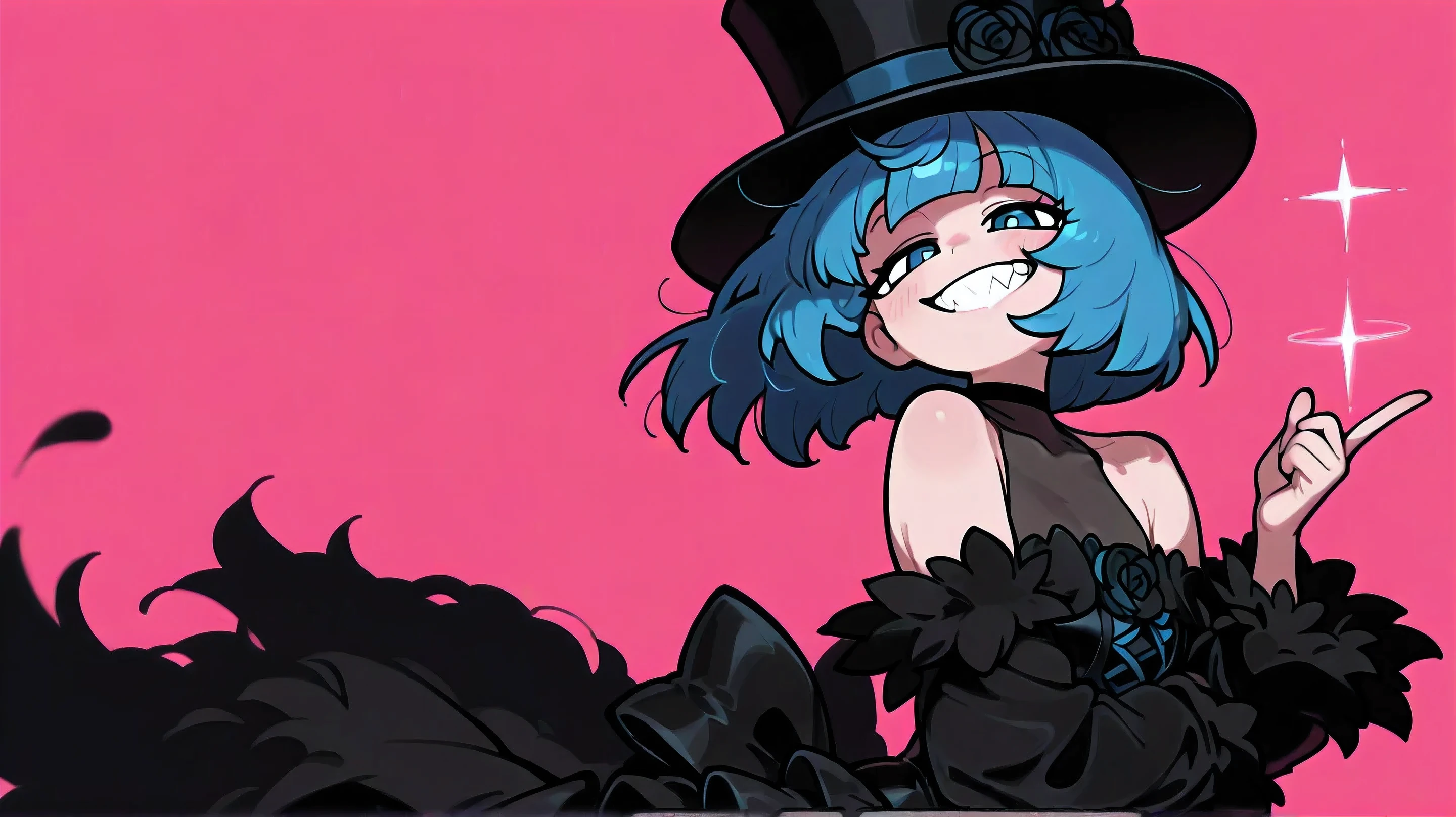 masterpiece, best quality, great quality, up to date, pink background floating on dahlias , on de, watching viewers、 pretty girl、 blue hair、I'm wearing a top hat、Fluffy clothes with black shoulders sticking out、 grin 、 bob hair、 blue eyes