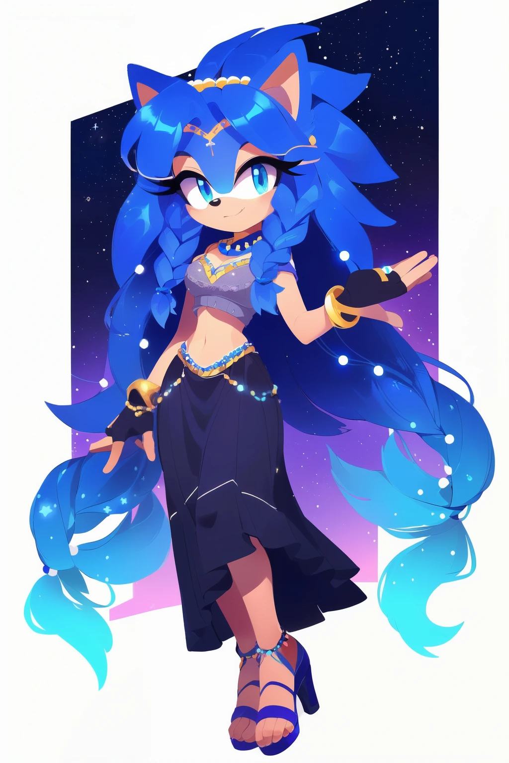 Sonic oc, Mobian, female, sonic the hedgehog but female, Cosmic hedgehog, A beautiful light blue hedgehog, purplish blue eyes, very long hair/quills, braided and beaded long hair bangs, long streaks of hair on each side of her face, (star constellation on hair, beads on hair, smooth fur, slim thick hourglass body, slim fit, wearing a grey sweater, flair long skirt, heels, fingerless gloves, beaded hair and rings on hair flowing hair, levitating, animation