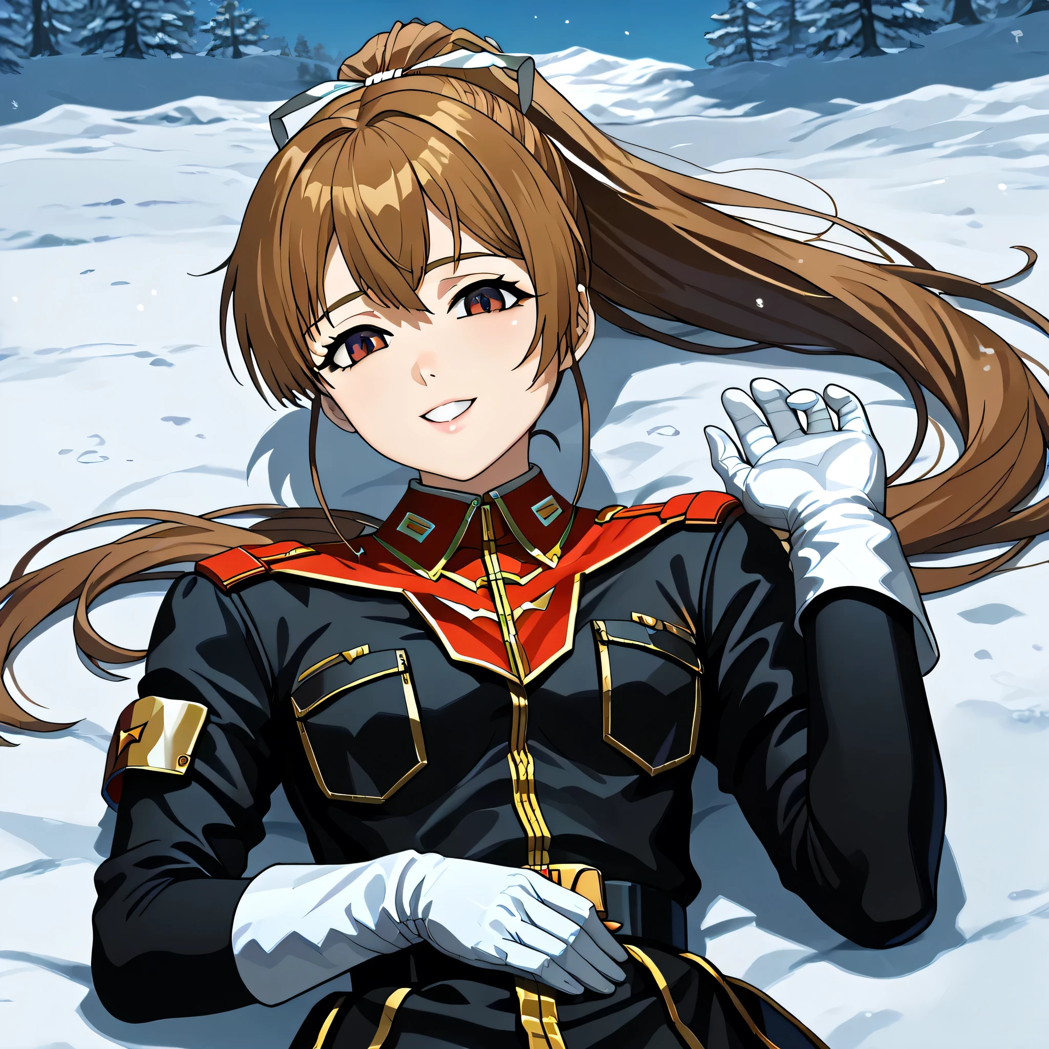 ultra-High resolution, score_9,score_8_up,score_7_up,score_6_up,score_5_up,score_4_up, BREAK, source_anime, anime screencap, uncensored, rating_explicit, Masterpiece, curvy, looking at viewer, (((solo, 1girl))), hair ornament, (((TitanOutfit))), smile, happy, lsmall breast, seductive pose, submissive pose, Katia, light brown hair, brown eyes, ponytail, long hair, (((young girl, cute))), full body, lying down on snow, snow, lying down on back