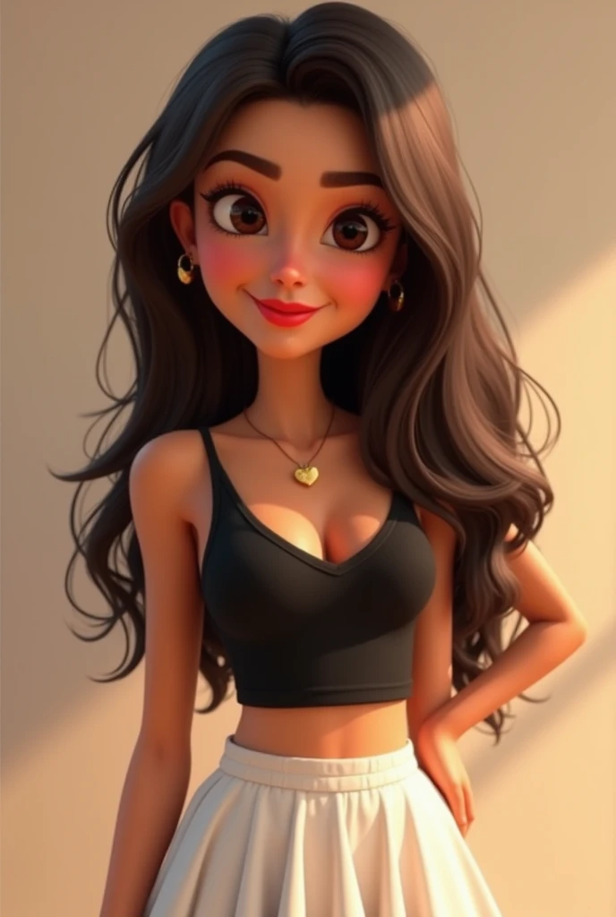 Pixar Animated Style Promotional Poster, a young woman with dark, loose hair. She wears a reindeer headband with brown ears and bright green antlers., suggesting that she might be celebrating a festive occasion or just having fun with her outfit. She wears a tight beige mesh crop top with white straps, exposing her abdomen. She also wears high-waisted pants in light beige with an adjustable drawstring.. He has a nose piercing and a small tattoo on his chest., just below the collarbone. besides, She wears a dark necklace and large hoop earrings. On your wrist, has a small blue tattoo. The expression on his face is relaxed and confident., with a light smile. It is located in an indoor environment, probably in a house, with a glass door behind it.