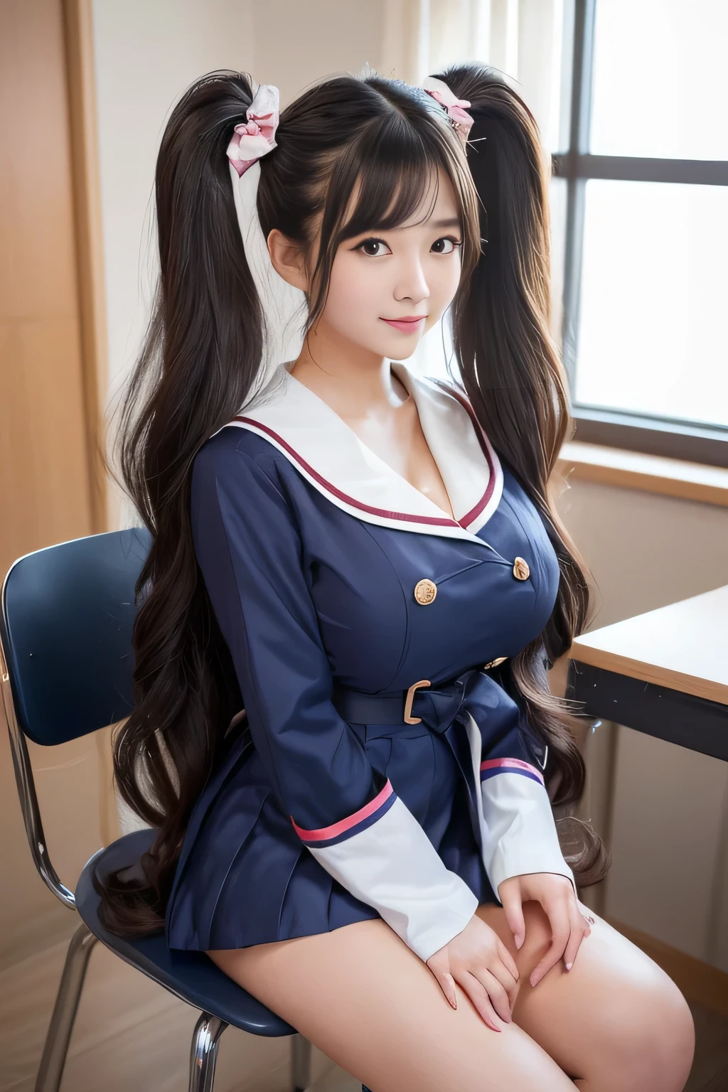 ( above the knee shot )(( Her hairstyle is Up to the ank le伸びている、 they have thick twin tails that are very wavy :1.2)) (wear Japanese School Uniform, Japanese girls uniform, Japanese , wear, wear , Seifuku, Girl in uniform, loose coat collar sailor suit , Junior high school students, sailor suit , Sexy cute 顔 , Beautiful anime Junior high school students Her sailor suit jacket is white with short sleeves.!!! The skirt is a navy blue mini pleated skirt .... The ribbon on the chest is navy blue.....) (( She's in the Classroom at School )) (She sits with her back arched her legs wide open on a classroom chair.:1.2) ((She's holding her chest with her hands moving her chest to the center :1.4 seconds It's Pitzle Pose :1.4)) ((, best quality)), ((, Masterpiece ,)), ( family friendly), ( Get used to it ) (( she looks at the camera with a very happy smile )),((Big Breasts:1.8)) (( her bangs are neatly aligned and straight :1. 4 and she's showing her forehead perfectly )) (( Flowing Hair Very Lengthy and thick Hair Abnormally Long Hair :1.3)) (( her hair waves are very sharp !!!!))( Her hair is pitch black !!)( thick, shiny hair 、 extremely free hair 、Abnormally long hair ..:1.3)) ( long hair up to the ankle !!!! best qualityのディテールへのこだわり long hair up to the ankle !!!! long hair!!!!!It lasts forever!!!! her skin is very high quality ultra HD !!!It lasts forever!!!!Flowing hair on both ends!!!! long hair!!!!!Up to the ankle!!!! long hair!!!!!Up to the ankle!!!! She has a sexy look at the camera !!! BEAUTIFUL SILKY HAIR 、 Beautiful shiny hair ,Beautiful shiny hair , BEAUTIFUL SILKY HAIR ,Up to the ankleの long hair!!!!, long hair!!!!!very long hair !!!!) ( Her big breasts are perfect for a dress ) ( 完璧なJunior high school studentsの女性の顔 ) ( She has a sexy look at the camera ) ( Her eyes are pretty Asian eyes :1.4)) (( She's sitting in a bar chair )) ( her lipstick is bright red :1.1) ( Her hairstyle is Up to the ank