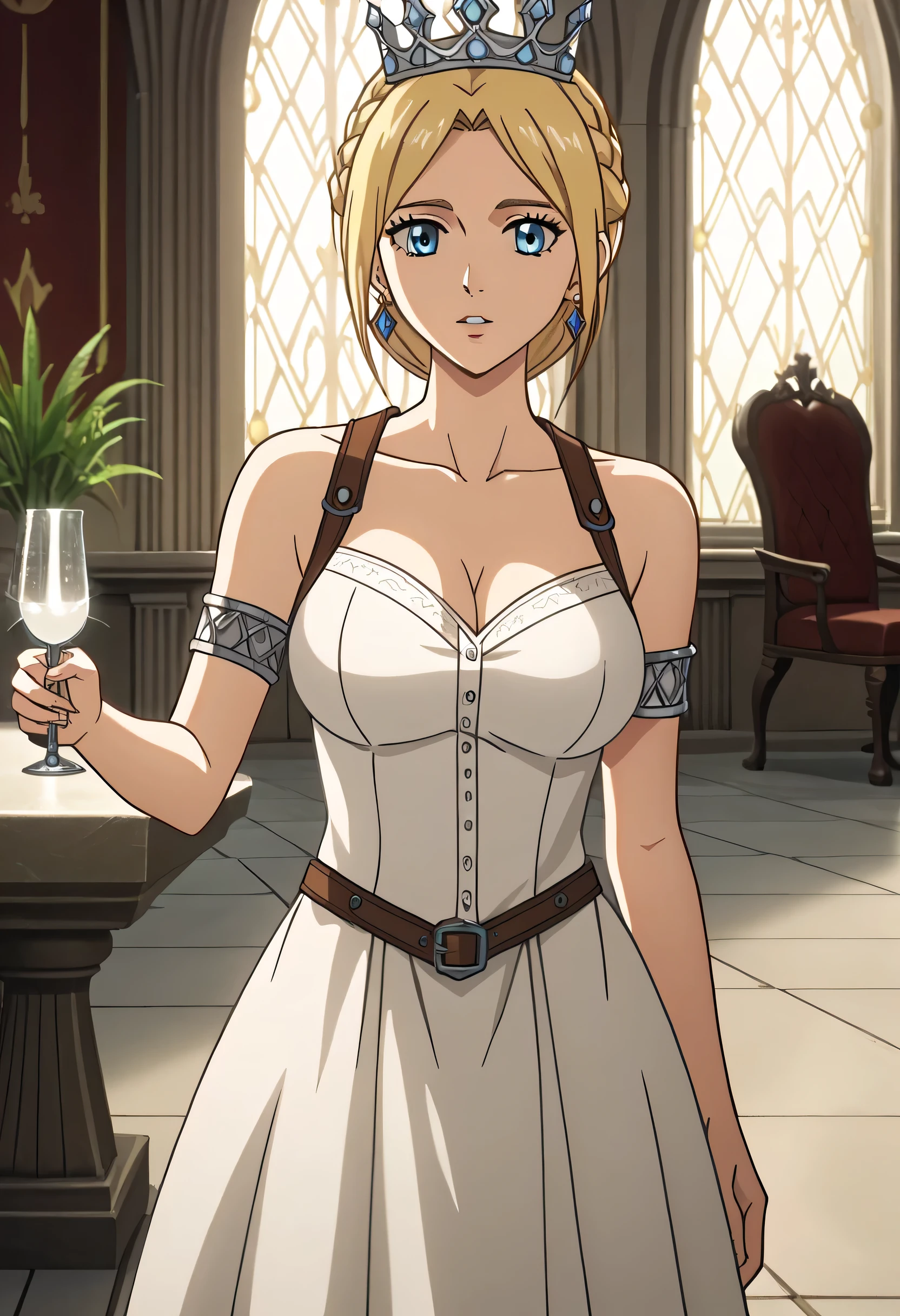 score_9, score_8_up, score_7_up, source_anime, best quality, high resolution, masterpiece, absurdres,vector trace,anime screencap, key art style, cinematic lighting, morning, 1girl, solo, medieval, taint glass, historia reiss,blue eyes, blonde hair, large breasts, sleeveless, collarbone, armlet, bare shoulders, long white royal tunic, throne room, formal, standing, historiaReiss, christa renz, , crown braid, ears, short hair, crown braid, earrings,lush body