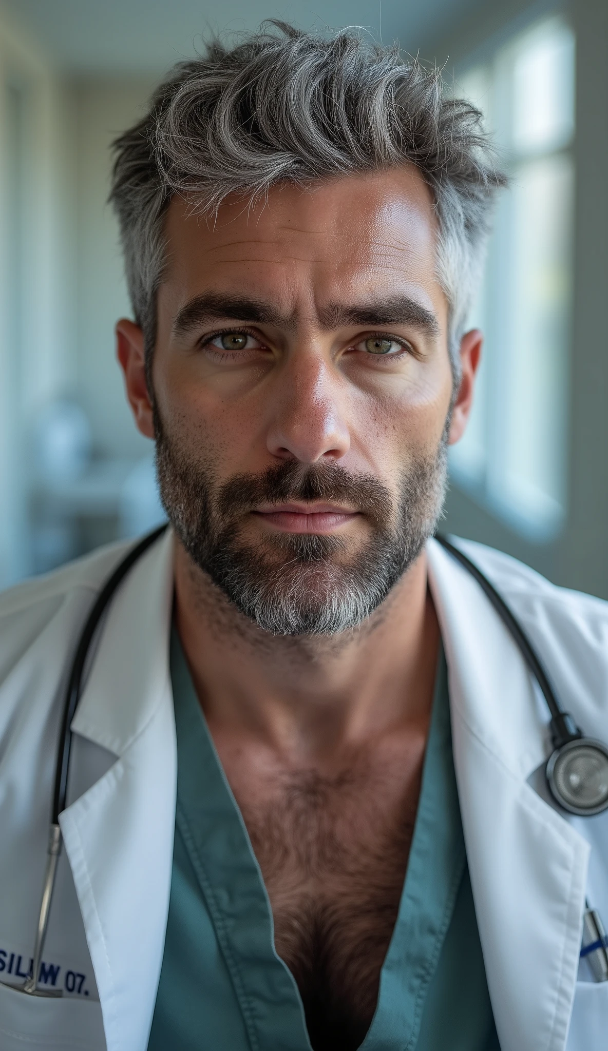 masterpiece, best quality, high resolution, closeup portrait, male focus, solo focus, A man, 25 years old, with doctor uniform, doctor suit, medicine doctor, silver grey hair, messy hairstyle, cute and seductive face, bare chest, body hair, facial hair, roman nose, scruffy, hairy abs, scruffy, skinny body, hairy legs, dimples, beard, bold jawline , in the background a hospital doctors office, view from below, amazing composition, front view, HDR, ultra quality, elegant, highly detailed