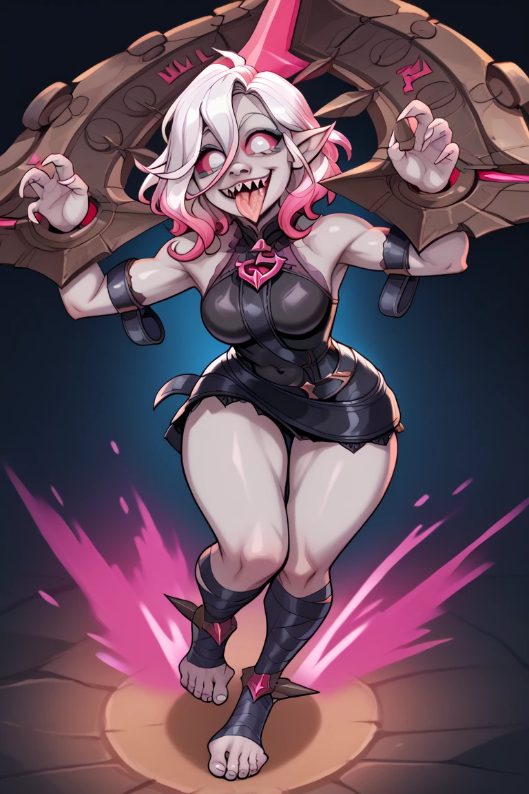 colettetrixie, sharp teeth, hair over one eye, hairband, demon horns, colored sclera, purple shirt, purple shorts, demon wings, CHARLIEBS, BLONDE HAIR, HAIR BUN, SHORT HAIR, BODYSUIT, CLEAVAGE, CAPE, YELLOW GLOVES, ELBOW GLOVES, PANTYHOSE, GREEN FOOTWEAR, 4k, 8k, hd, hdr