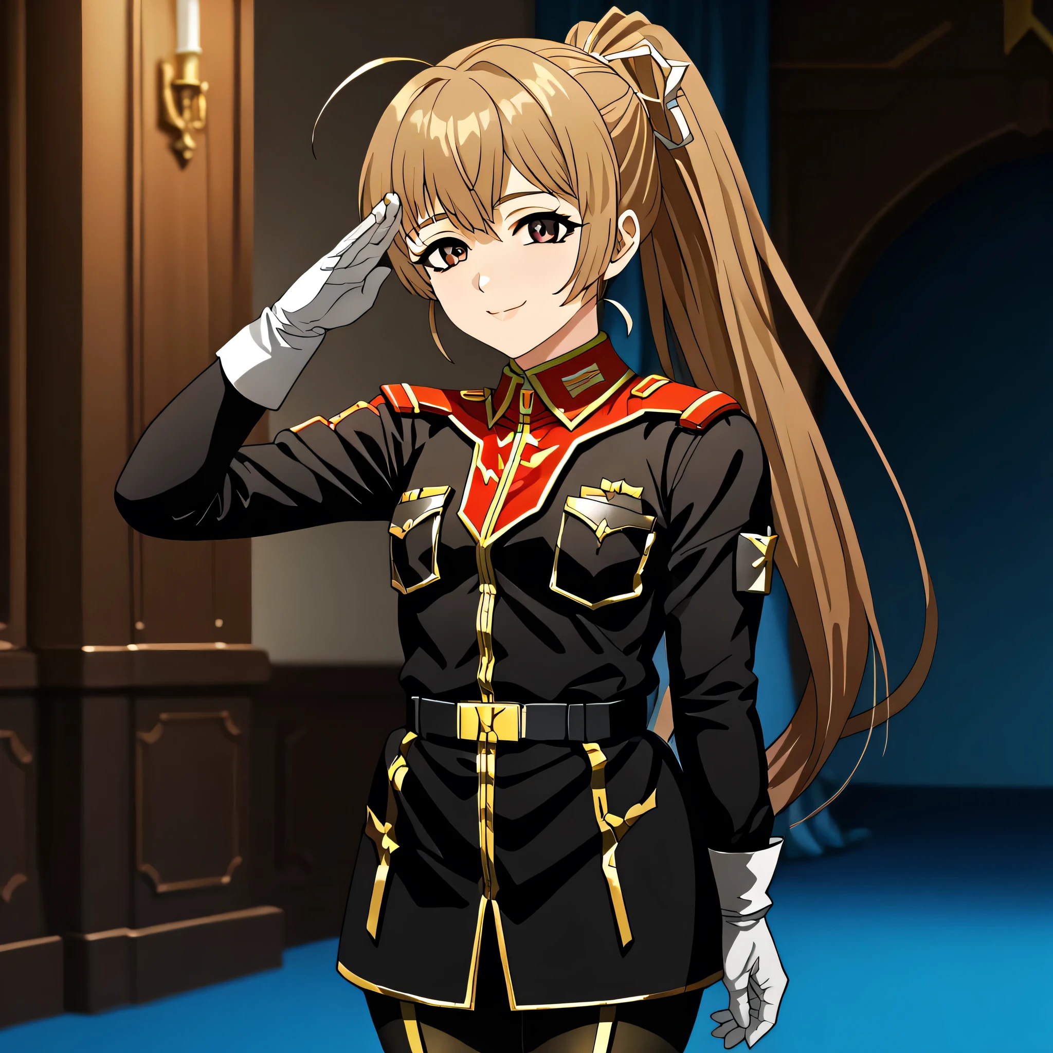 ultra-High resolution, score_9,score_8_up,score_7_up,score_6_up,score_5_up,score_4_up, BREAK, source_anime, anime screencap, uncensored, rating_explicit, Masterpiece, curvy, looking at viewer, (((solo, 1girl))), hair ornament, (((TitanOutfit))), smile, happy, lsmall breast, seductive pose, submissive pose, Katia, light brown hair, brown eyes, ponytail, long hair, (((young girl, cute))), full body, salute, saluting