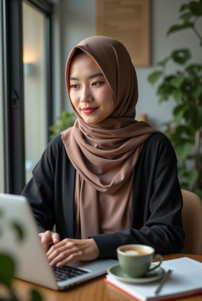 Beautiful Korean girl, smooth white skin, well-groomed face, white hijab, black jacket, white shirt, luxury watch, sitting in a roadside cafe, open area) drinking coffee, on the table there is an iPhone laptop) and an iPhone 14 pro cellphone,) smiling thinly looking at the camera, at another table you can see there are also people drinking coffee.) the background is a beautiful city park) there are beautiful flowers blooming, colorful. large beautiful butterflies flying, the original photo is realistic