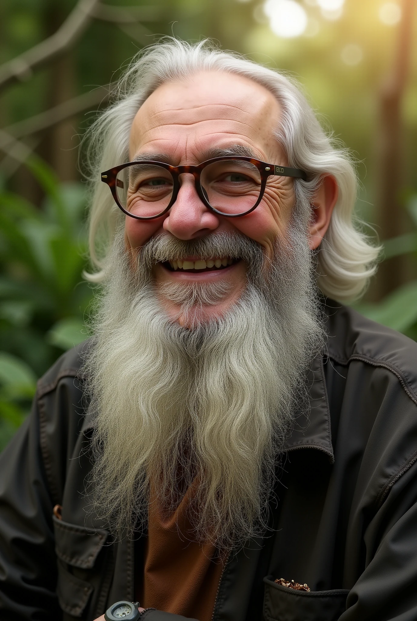 Old man with long beard and glasses outside smiling portrait 