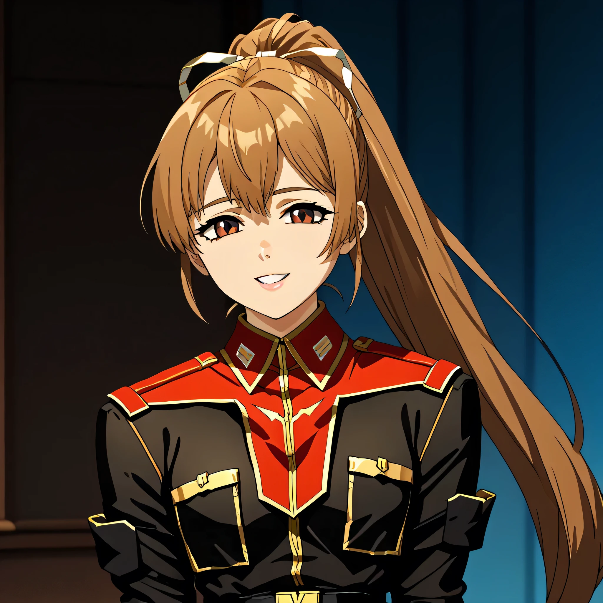 ultra-High resolution, score_9,score_8_up,score_7_up,score_6_up,score_5_up,score_4_up, BREAK, source_anime, anime screencap, uncensored, rating_explicit, Masterpiece, curvy, looking at viewer, (((solo, 1girl))), hair ornament, (((TitanOutfit))), smile, happy, lsmall breast, seductive pose, submissive pose, Katia, light brown hair, brown eyes, ponytail, long hair, (((young girl, cute)))