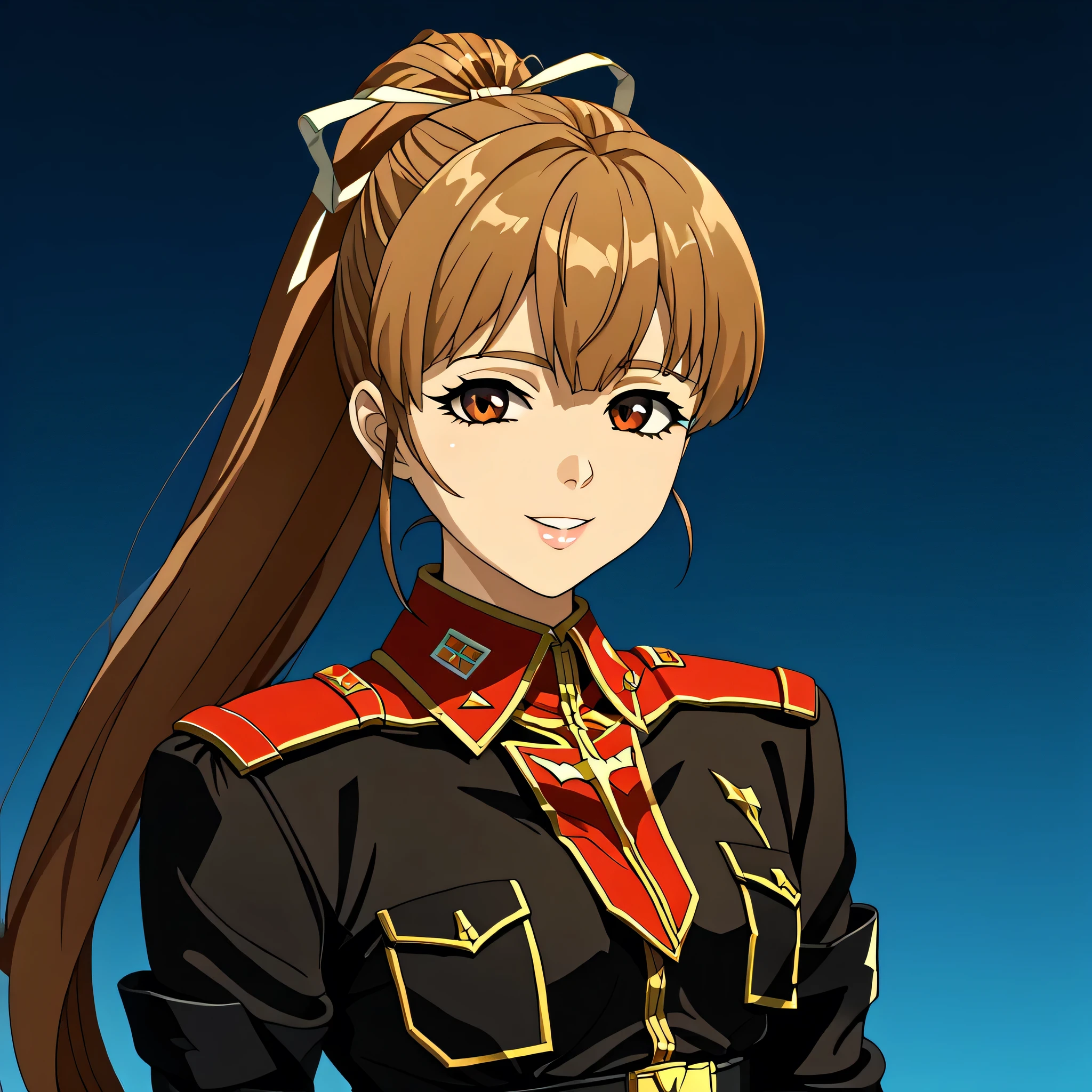 ultra-High resolution, score_9,score_8_up,score_7_up,score_6_up,score_5_up,score_4_up, BREAK, source_anime, anime screencap, uncensored, rating_explicit, Masterpiece, curvy, looking at viewer, (((solo, 1girl))), hair ornament, (((TitanOutfit))), smile, happy, lsmall breast, seductive pose, submissive pose, Katia, light brown hair, brown eyes, ponytail, long hair, (((young girl, cute)))