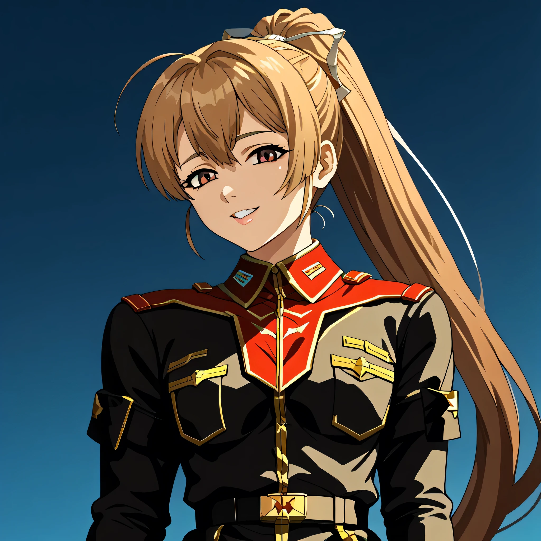ultra-High resolution, score_9,score_8_up,score_7_up,score_6_up,score_5_up,score_4_up, BREAK, source_anime, anime screencap, uncensored, rating_explicit, Masterpiece, curvy, looking at viewer, (((solo, 1girl))), hair ornament, (((TitanOutfit))), smile, happy, lsmall breast, seductive pose, submissive pose, Katia, light brown hair, brown eyes, ponytail, long hair