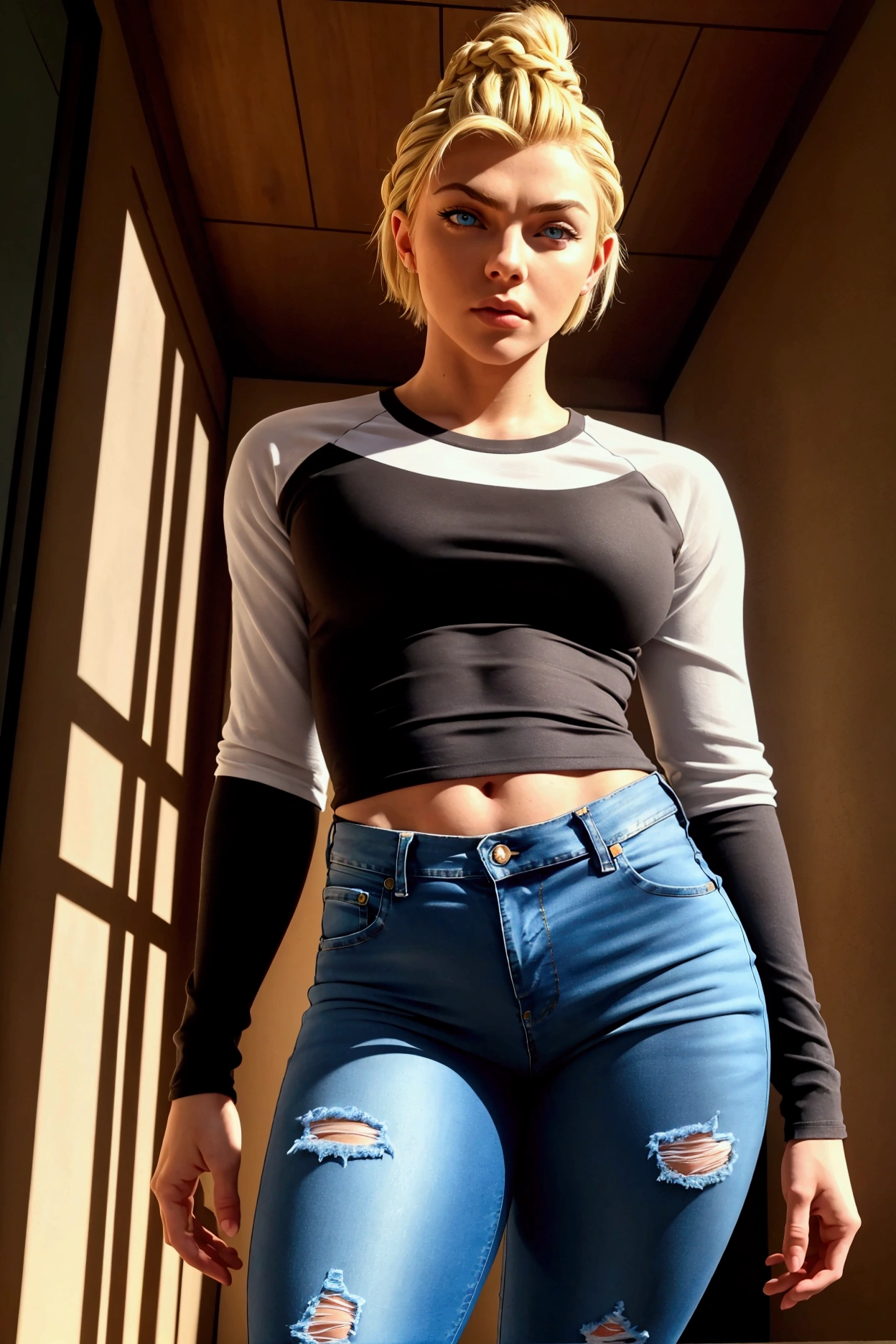 full body photograph of a young woman, peyton list, 20 years old, fit sexy body, busty, posing, wearing raglan shirt, wearing tight jeans, skin-tight jeans, full lips, short braided hair, blond short hair, stern, domineering facial expression, looking directly at viewer, low camera angle, low angle, camera shot from below, ultra realistic, high detail, maximum detail, full body visible
