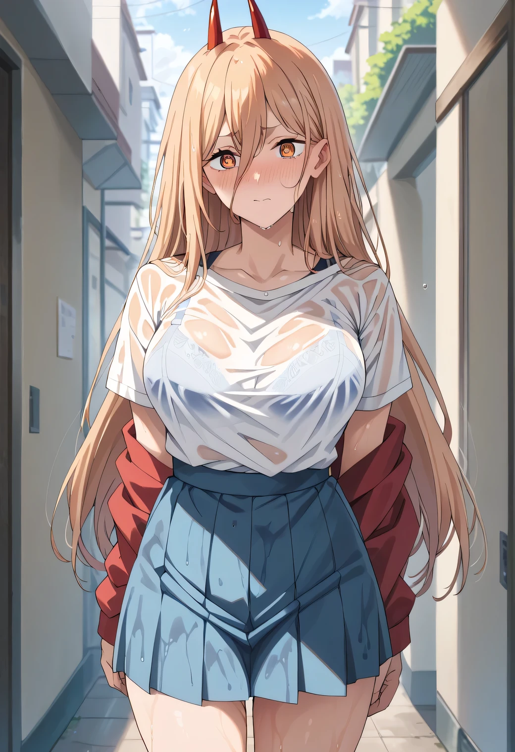 score_9, score_8_up, score_7_up, score_6_up, score_5_up, score_4_up, 1girl, p0w3r0x1, long hair, blonde hair, red horns,demon pupils, large breasts, nose blush, looking at viewer, bra visible through clothes, wet shirt, wet clothes, see-through, see-through shirt, bra, bralines, wet, white shirt, bra peek, wet skirt,