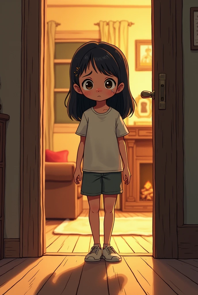A girl wearing yellow sleeveless frock suddenly stood up with a disappointed face in a room
