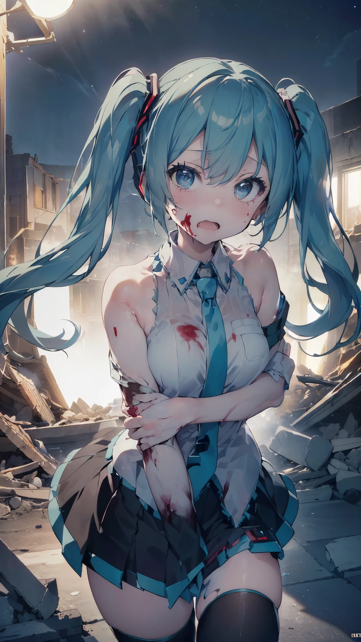 (((((masterpiece,High-definition,in 8K,highly detailed,Official art,Best Quality))))),view from the front below,Close-up to face,cowboy shot,(((solo girl,Hatsune Miku,light-blue twin tails hair))),full tears in large cute eyes,sexy body,big tits,blemished skin,run away,(((Bleeding from all over the body by seriously injured))),((((after Major earthquake,In the rubble-strewn ruins,(at night:1.5),a lot of Siren light,Smoke is rising all around,Scary atmosphere))))