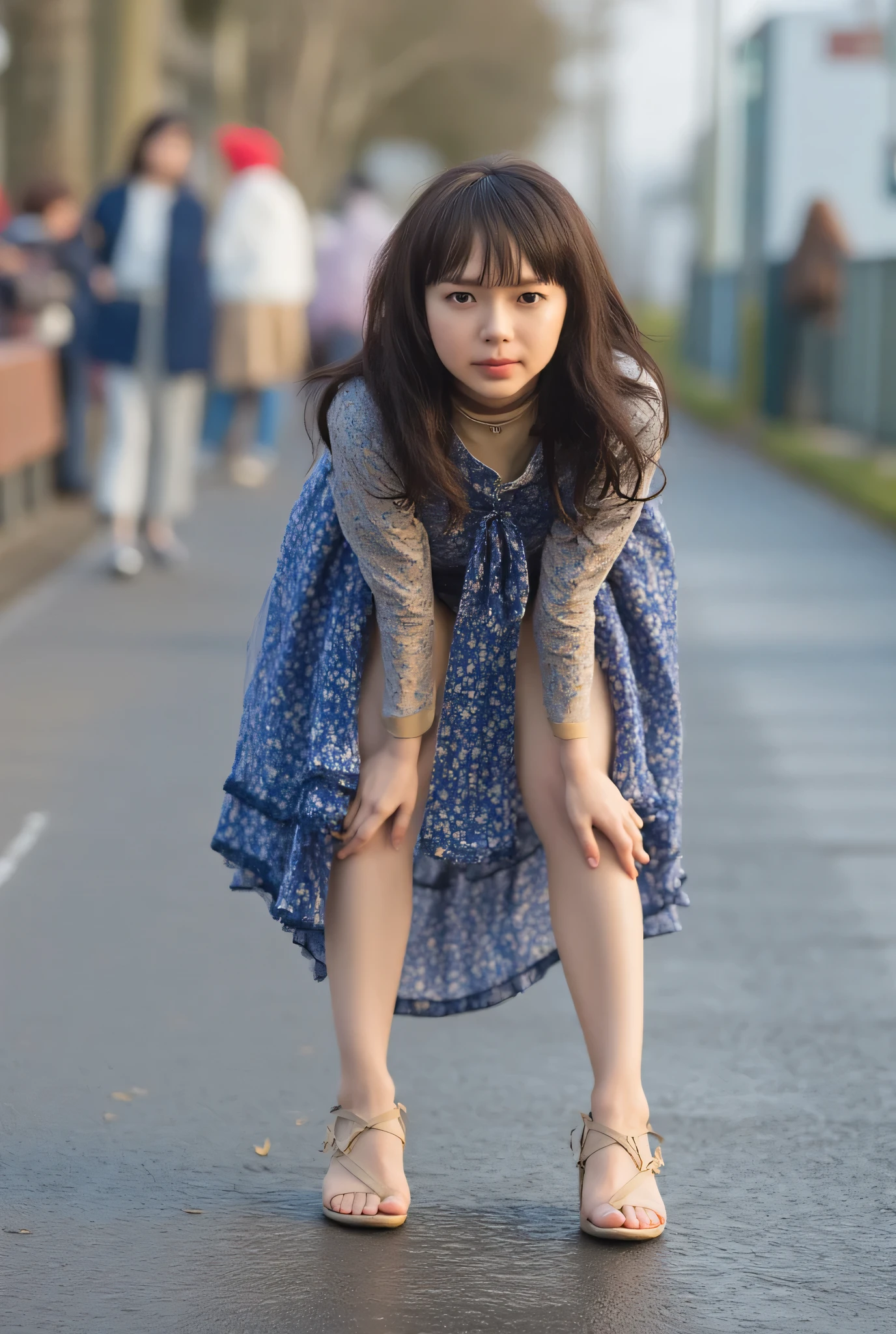 ( realistic, photo- realistic:1.2), (Masterpiece, best quality ), high resolution pictures, very detailed, Intricate Details, sharp details , sharp focus by G , professional lighting , Alone, 1 girl, 19-Year-Old Japanese Female Idol, ( full body), slender body, ( sundress), ( flat chest:1.5), ( choker, jewelry), ankle strap heeled sandals with rope eating into pussy, blue-white skin, fine skin, Shiny Skin, ( dark haired, shiny hair, pigtail hair , straight hair , blunt bangs , hair scrunchies:1.2), ( beautiful detailed face , very detailed eyes, beautiful detailed nose, Beautiful students ), ( cheerful lakeside in the early morning ), ( is standing leaning forward with her legs spread out , Place your hands on your hips, Pee on their own , urination:1.4), (Pee Puddle), perfect anatomy, perfect hand, photo background, outdoor , downtown , Shop outside the sidewalk , (crowd),