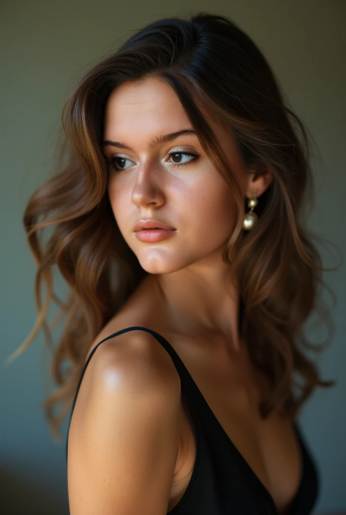 Fashion model 25 years old, [Close-up]]]], [[Chest]]]], [Neck]]]], [Shoulder]]]], perfect eyes, perfect iris, perfect lips, perfect teeth, perfect skin, soft front light, glow, HDR, (muted colors: 1.2)