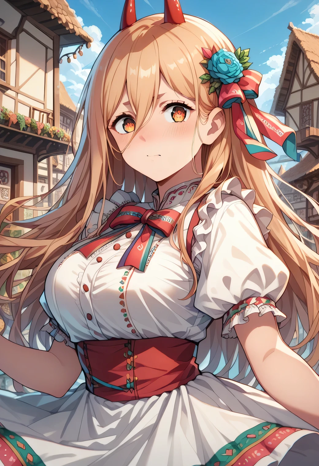 score_9, score_8_up, score_7_up, score_6_up, score_5_up, score_4_up, 1girl, p0w3r0x1, long hair, blonde hair, red horns,demon pupils, large breasts, nose blush, looking at viewer, MexClothes ,,hair ornament, flower, white dress, frills, traditional clothes, ribbon, puffy sleeves, multicolored clothes, colorful clothes, town, village, cute pose, sexy pose