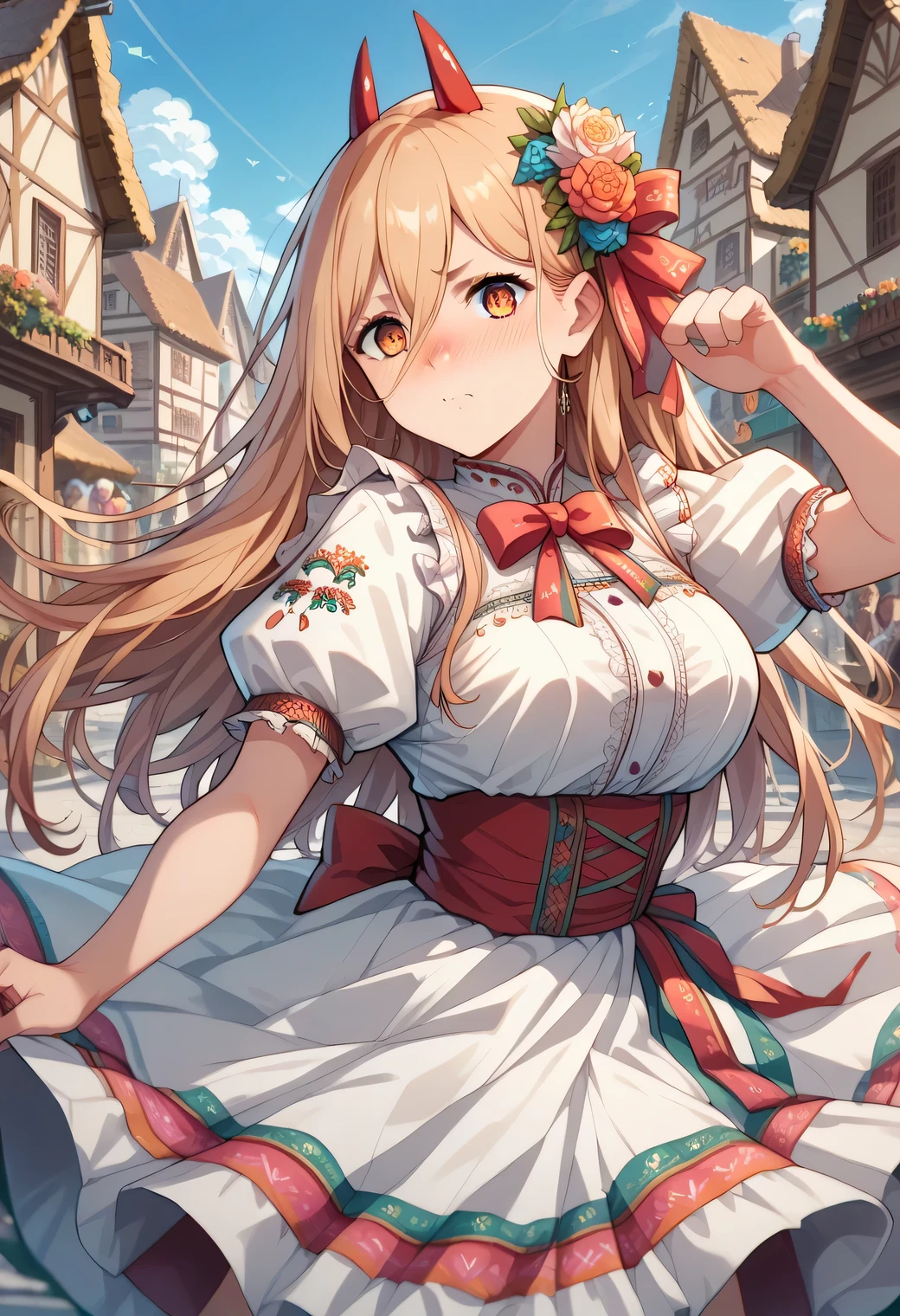 score_9, score_8_up, score_7_up, score_6_up, score_5_up, score_4_up, 1girl, p0w3r0x1, long hair, blonde hair, red horns,demon pupils, large breasts, nose blush, looking at viewer, MexClothes ,,hair ornament, flower, white dress, frills, traditional clothes, ribbon, puffy sleeves, multicolored clothes, colorful clothes, town, village, cute pose, sexy pose