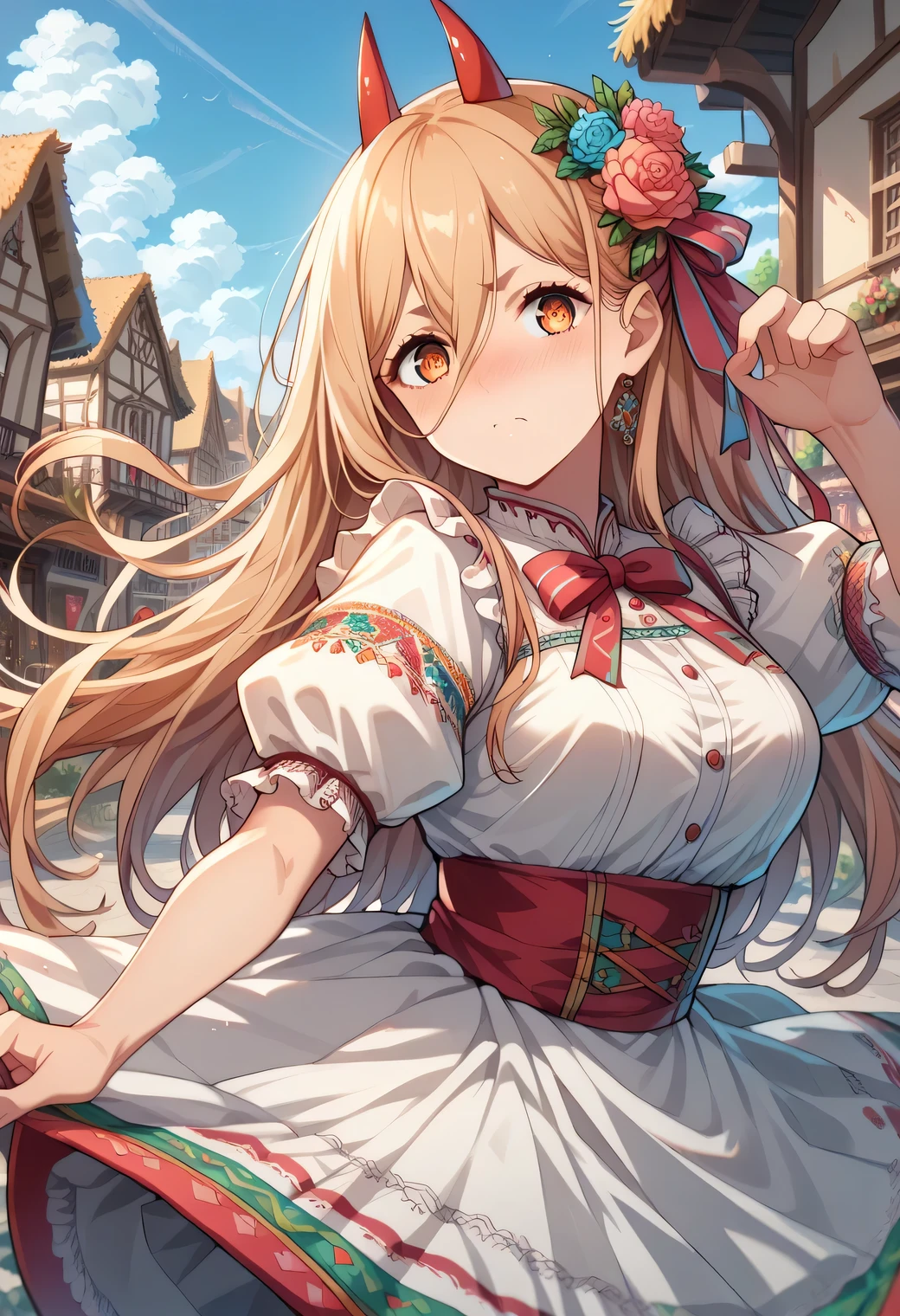 score_9, score_8_up, score_7_up, score_6_up, score_5_up, score_4_up, 1girl, p0w3r0x1, long hair, blonde hair, red horns,demon pupils, large breasts, nose blush, looking at viewer, MexClothes ,,hair ornament, flower, white dress, frills, traditional clothes, ribbon, puffy sleeves, multicolored clothes, colorful clothes, town, village, cute pose, sexy pose