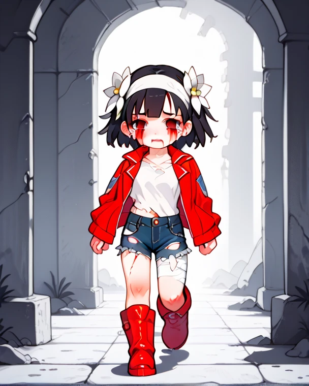 A girl who was seriously injured(masterpiece)、 elementary school students(Very young)、ruins(Blood pooling around)、 walking behind(Drag your right leg)、 dark hair( Very Short)、Injuries all over the body(Numerous cuts ( is bleeding、Bloody )、Full body bandages(Place々It's oozing with blood)、 expression of pain(Heartbreaking Eyes、Very painful、I can't stand the pain、Teary-eyed)、 red boots、Shabby clothes( denim shorts、Plain white shirt( torn 、Bloody )、black denim jacket( torn 、Open))、 white headband(White flower ornament)