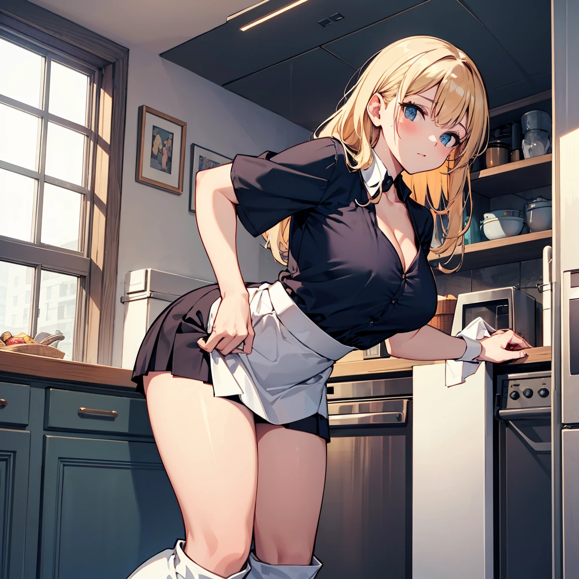 highest quality、(real、photorealistic:1.4)、(RAW photo:1.2,(Curve,Model,glamor:1.5),Beautiful breasts,(from below:1.2),(from side:0.9), ((Face)), (Close-Up:0.4), ((looking at viewer, holding a cup of coffee)), highest quality、(real、photorealistic:1.4)、(RAW photo:1.2),highest quality，(masterpiece)，(((Whole body image)))，(a 18yo girl)， (Highly detailed face),Slightly round face, (Tan brown face:1.0), Boyish beauties, beautiful face, Beautiful lips，Baby Face,（Big eyes),((black,hair,long pony tail hair)),thin pubic hair,cute,lovely,(strong silver hair:1.2),(blunt bangs),(Brown skin:1.0),(Military uniform, bulletproof jacket),nice companion,delicate body、thin legs,beautiful black dress,black gloves, black thighhighs, white panties,(double breasted,under bust:1.2)in the kitchen Woman in survival mode，Sexy thighs，Heat，Sweat heavily，Tropical forests，During a break，sit cross-legged on the ground,The way the light shines is beautiful, Beautiful buttocks,(with sparkling eyes and a contagious smile),little open mouth,black suspenders,Bulging big,breasts,walls: Black miniskirt,garters,Gaze,Small face,bangss,holster,Beautuful Women,hands up,leg holster,Gaze,black boots panty shot, provocation,flank,flank sweat soio,arm,,narrow waist,(with sparkling eyes and a contagious smile),her thin pubic hair, looking at viewer, pose muy sexy"
