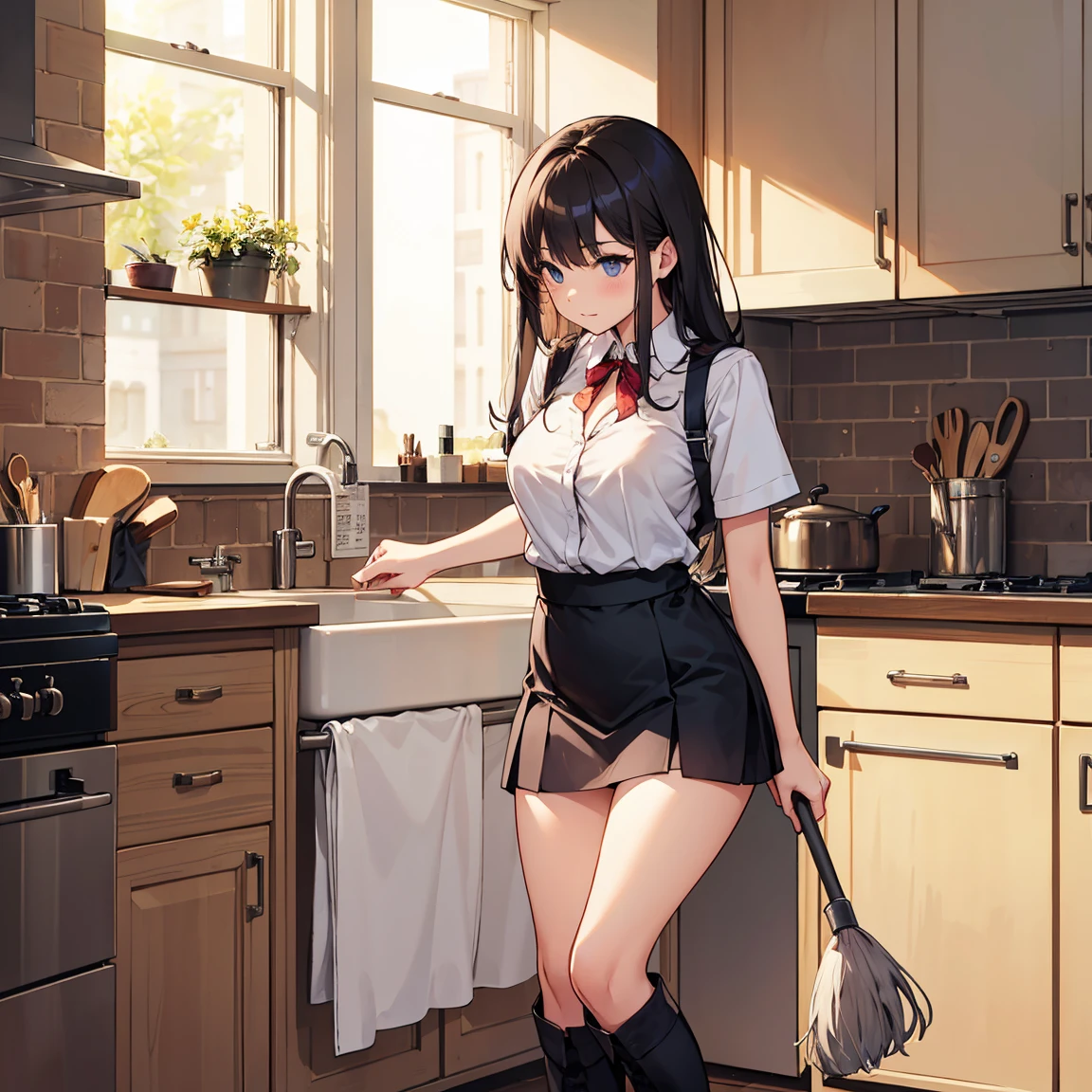 (Masterpiece:1.2), (high quality), (pixiv:1.4), (anime:1.4), panties, loose socks, black hair, buttocks, blue skirt, solo, blazer type, loose socks, lifting clothes, brown eyes, pure gaze, miniskirt, herself lift, plaid skirt, blush,((medium breasts)), (heart-shaped pupils),(side ponytail), (a lot of sweat), Long hair, Physical education sitting, beauty legs, ((in the kitchen))