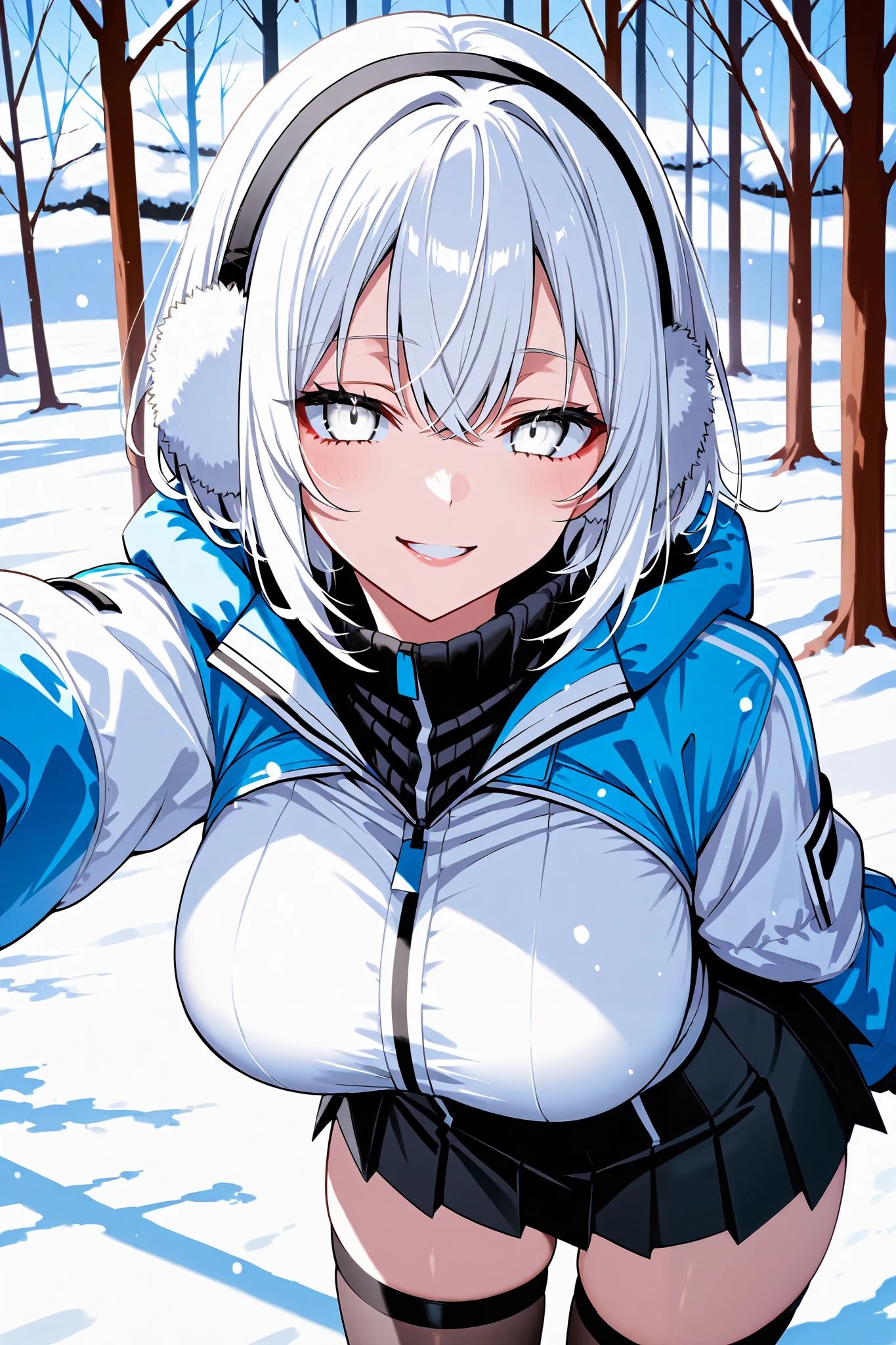  Best quality, a portrait of a solo woman, big breasts, white hair, soft earmuffs, snow-white eyes, full lips, seductive, smiling, puffy jacket, cute skirt, stockings, winter background, 